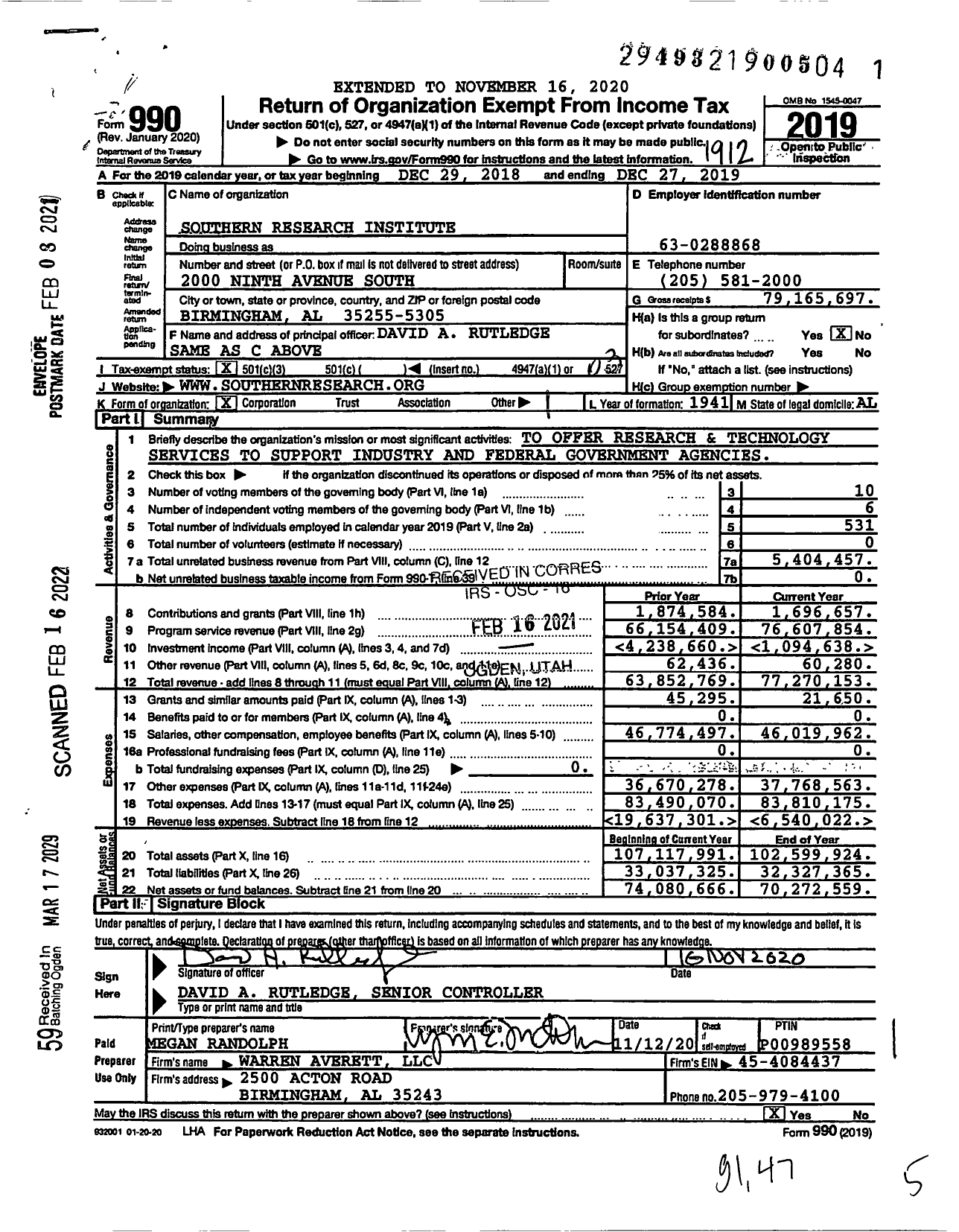 Image of first page of 2019 Form 990 for Southern Research Institute