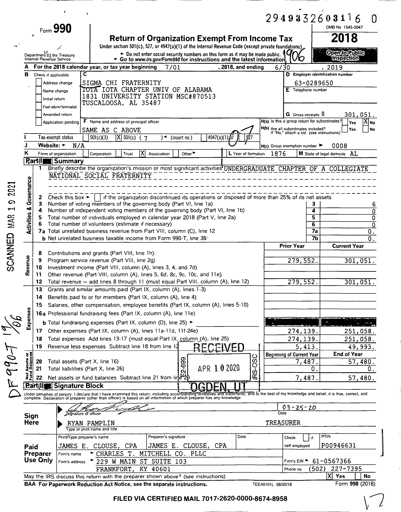 Image of first page of 2018 Form 990O for SIGMA CHI FRATERNITY - Iota Iota Chapter UNIV OF ALABAMA