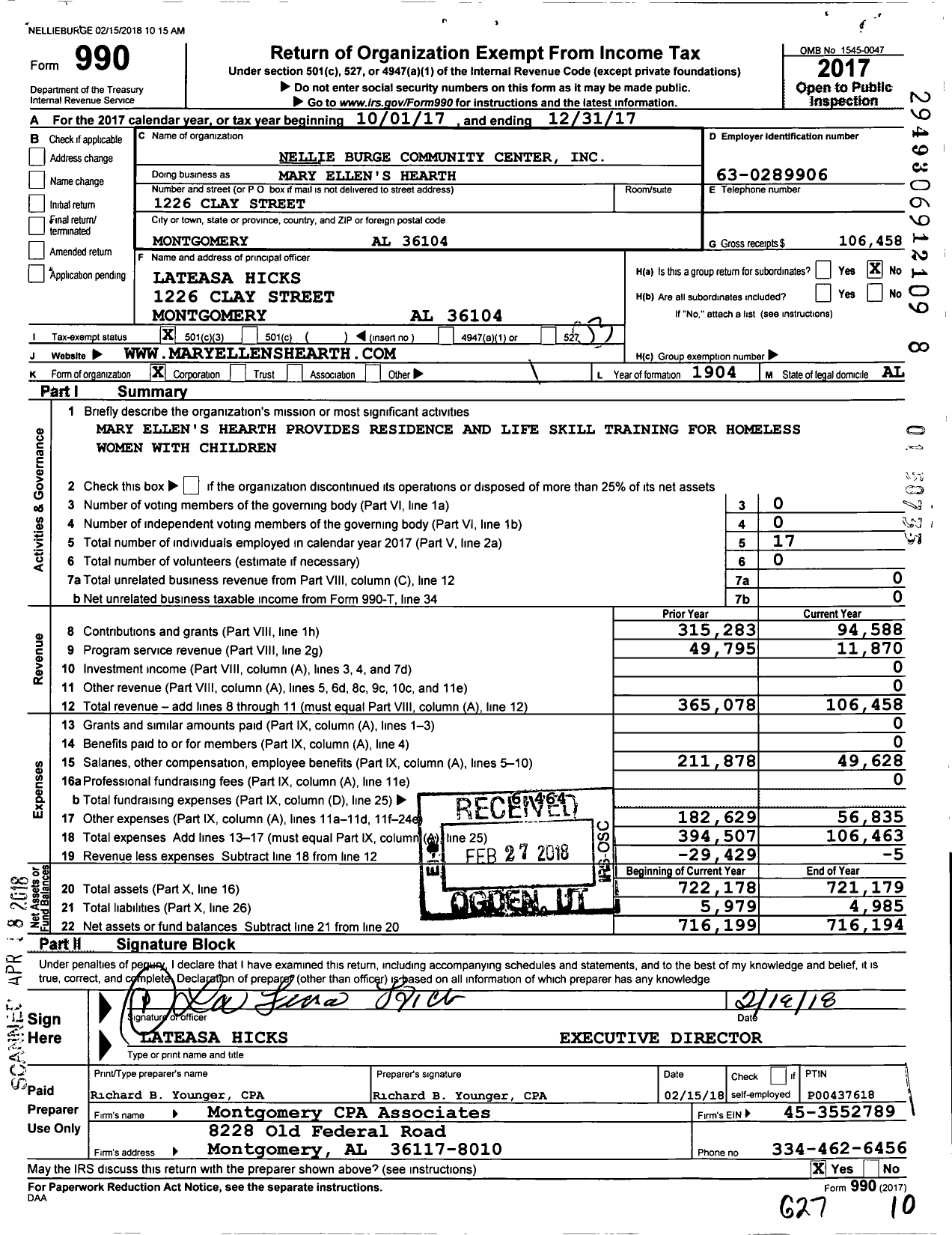 Image of first page of 2017 Form 990 for Mary Ellen's Hearth