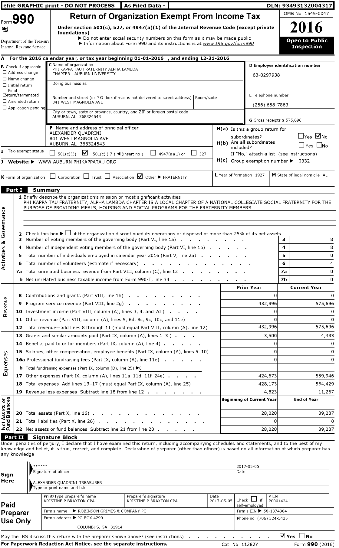 Image of first page of 2016 Form 990O for Phi Kappa Tau Fraternity Alpha Lambda Chapter