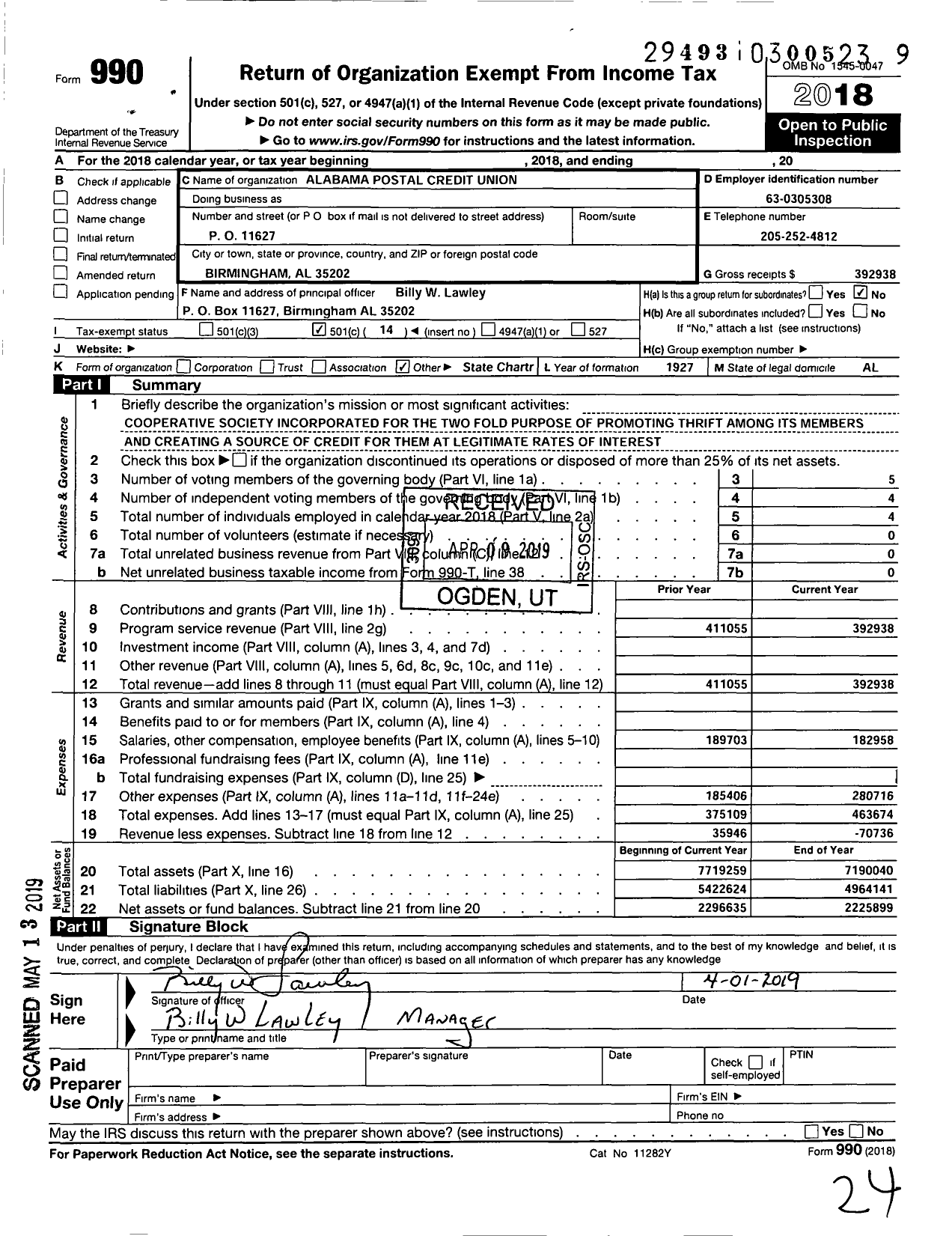 Image of first page of 2018 Form 990O for Alabama Postal Credit Union
