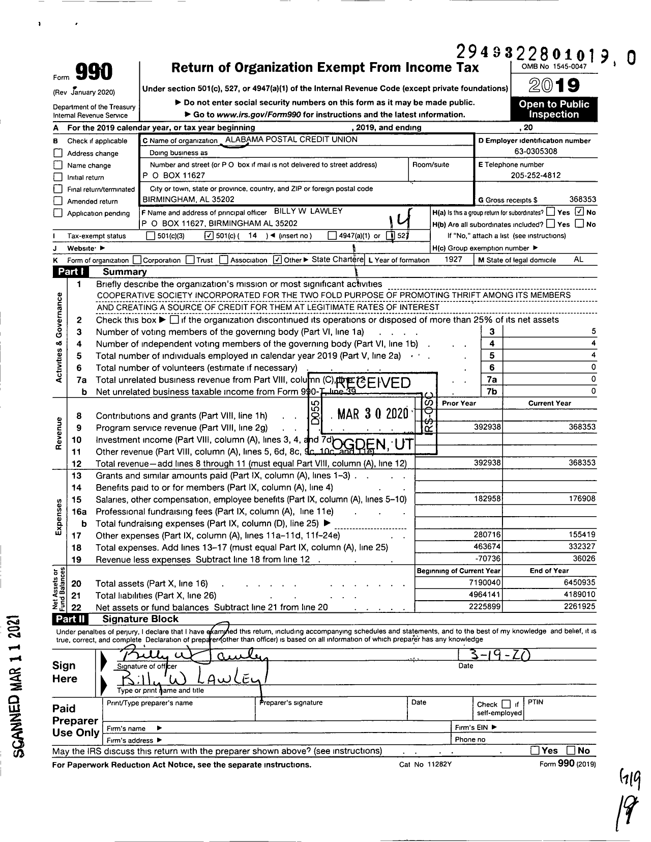 Image of first page of 2019 Form 990O for Alabama Postal Credit Union