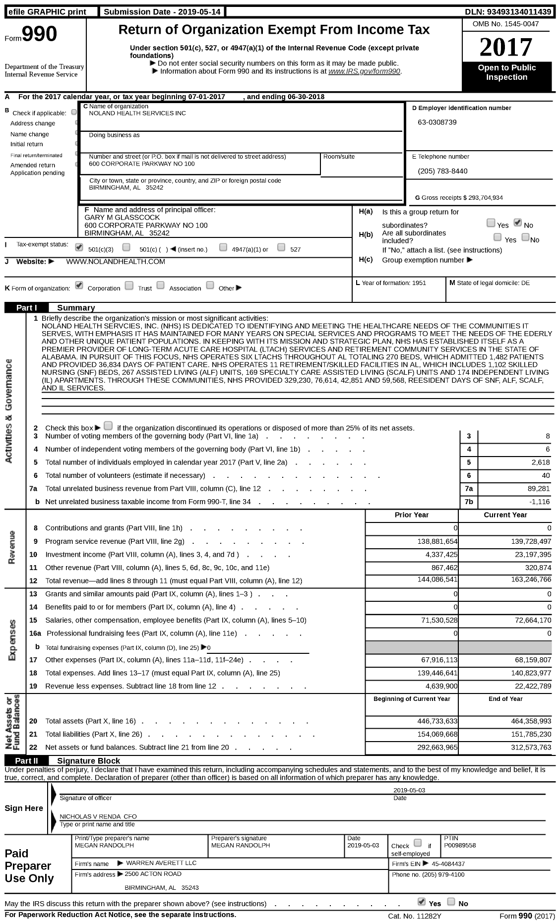 Image of first page of 2017 Form 990 for Noland Health Services