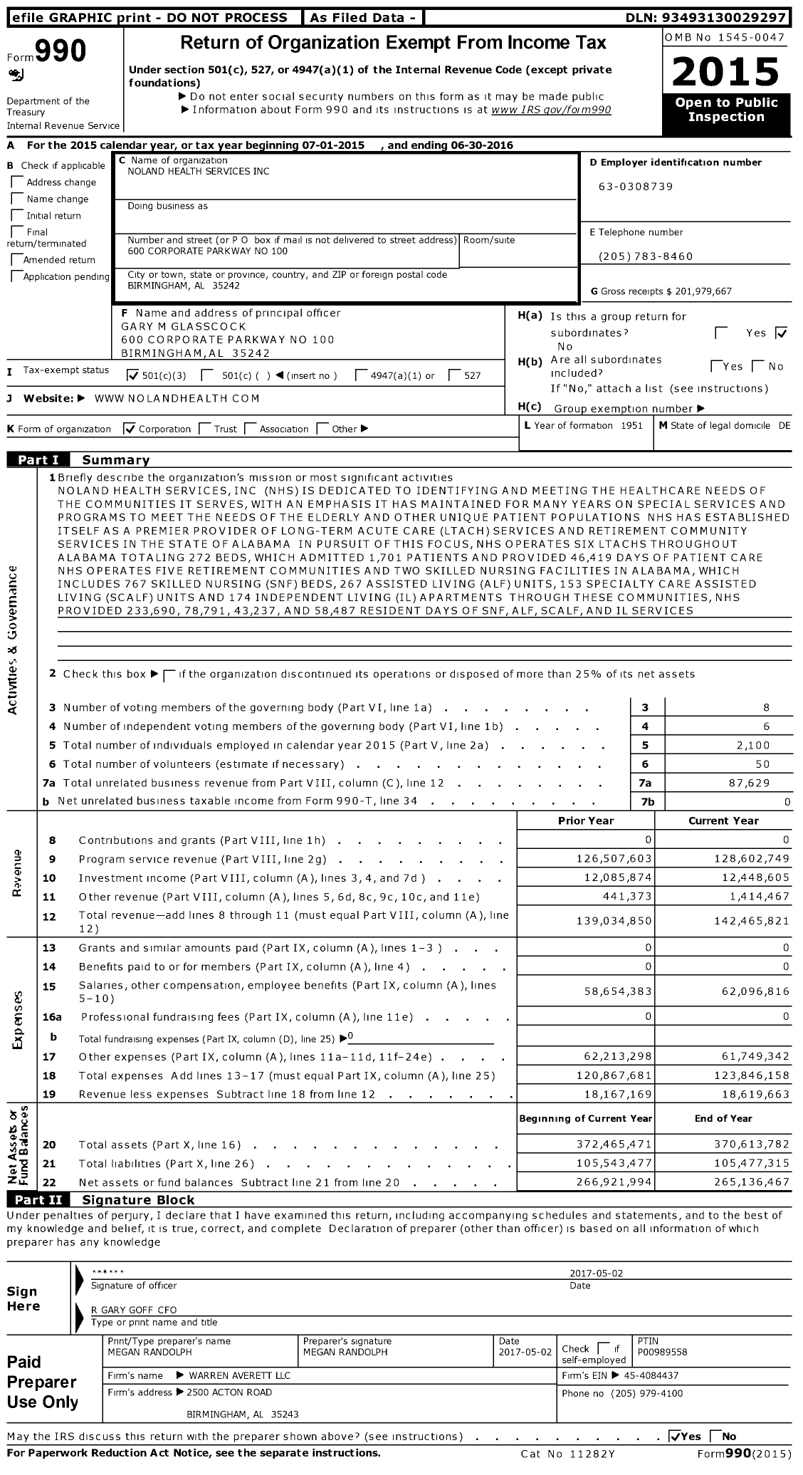 Image of first page of 2015 Form 990 for Noland Health Services