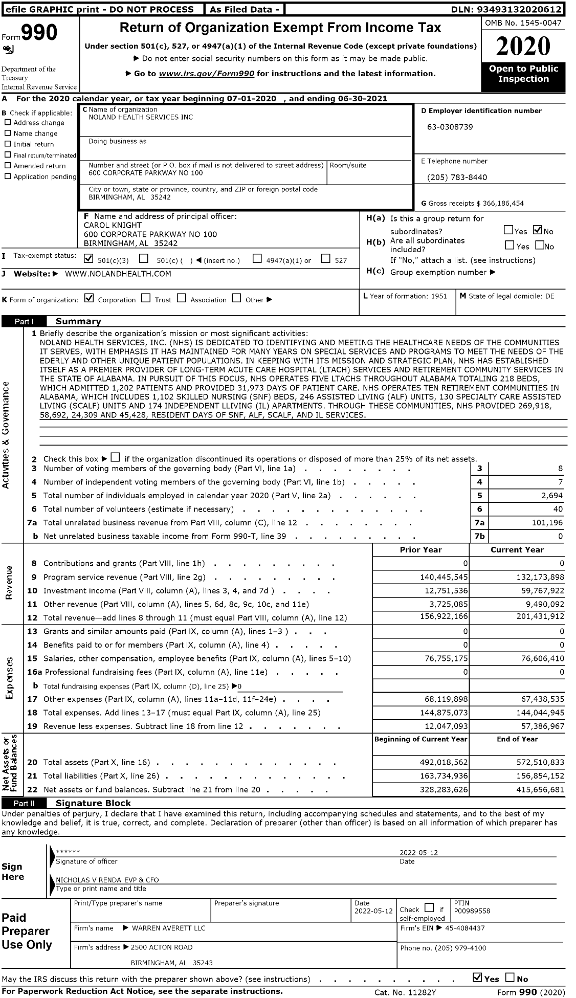 Image of first page of 2020 Form 990 for Noland Health Services