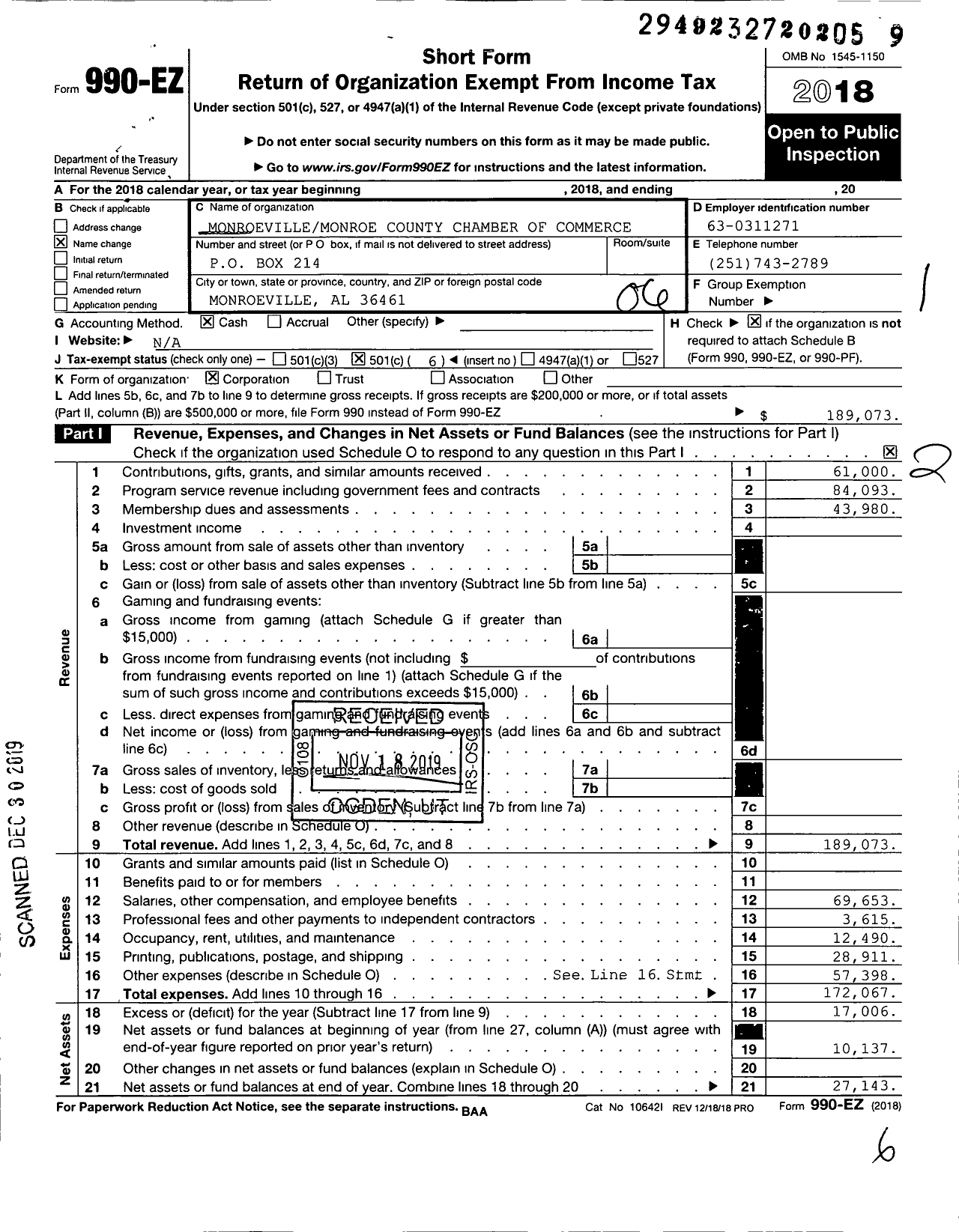 Image of first page of 2018 Form 990EO for Monroevillemonroe County Chamber of Commerce