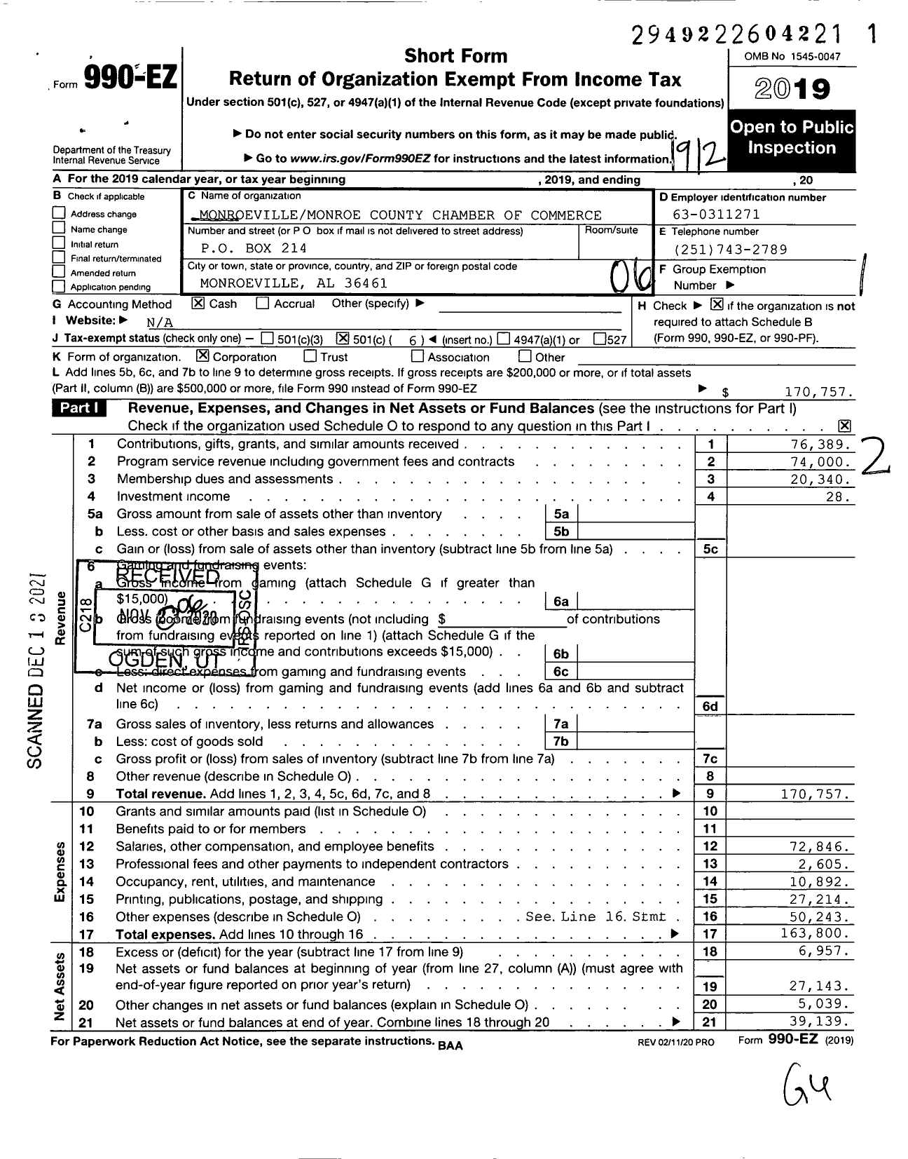 Image of first page of 2019 Form 990EO for Monroevillemonroe County Chamber of Commerce