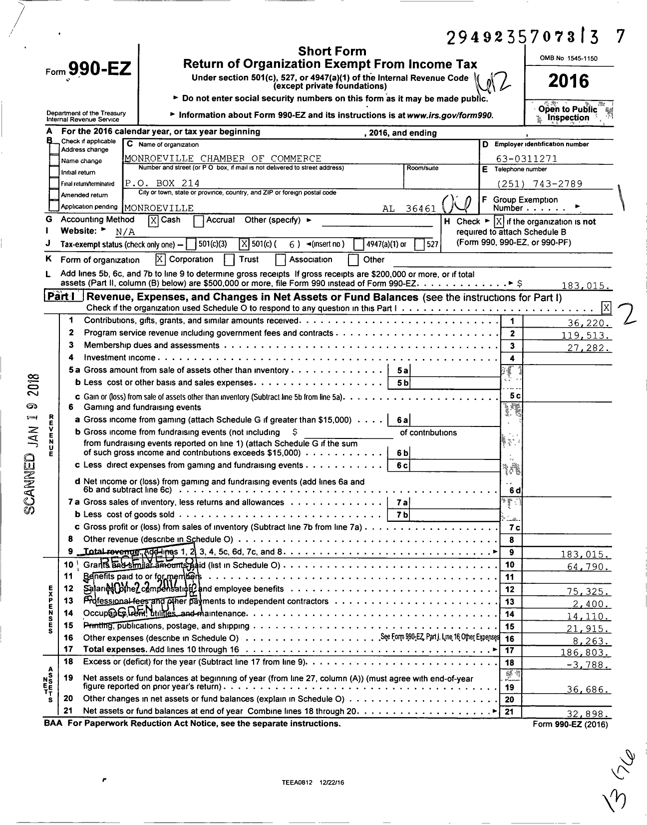 Image of first page of 2016 Form 990EO for Monroevillemonroe County Chamber of Commerce