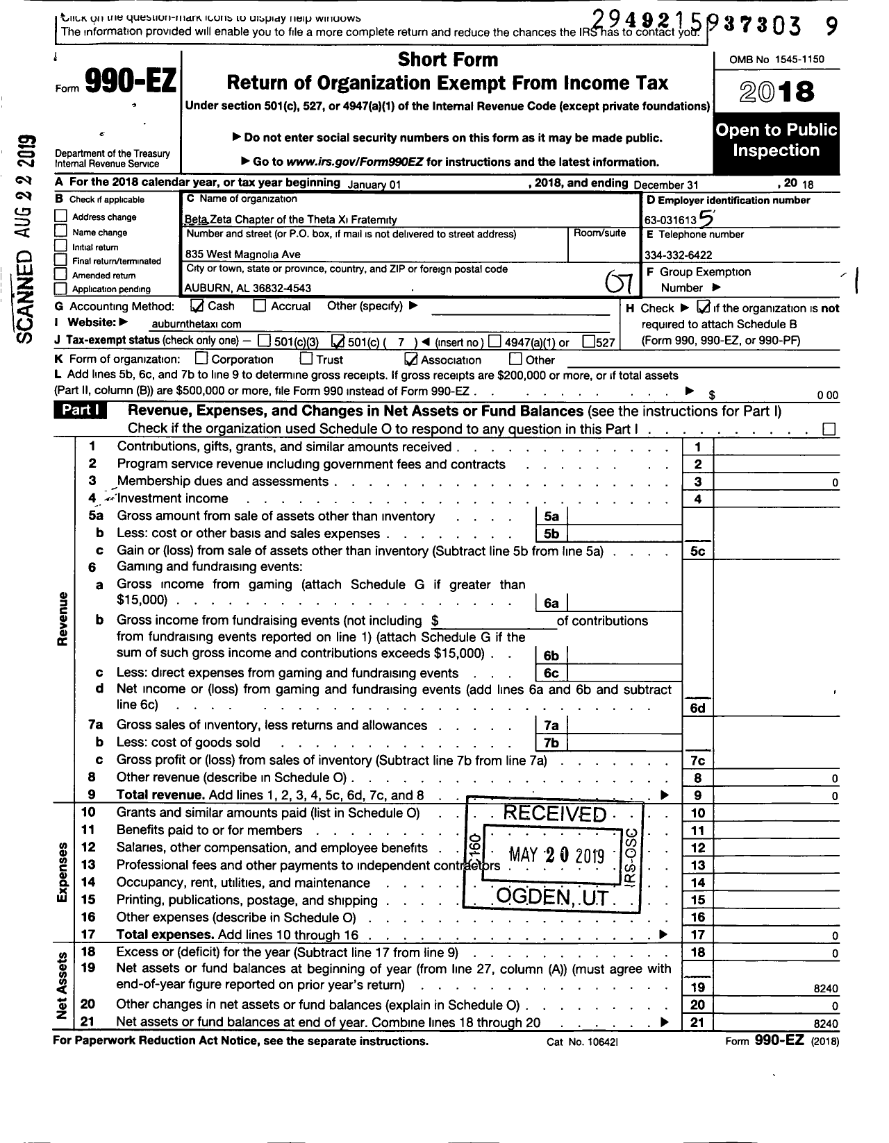 Image of first page of 2018 Form 990EO for Theta Xi Fraternity Beta Zeta Chapter