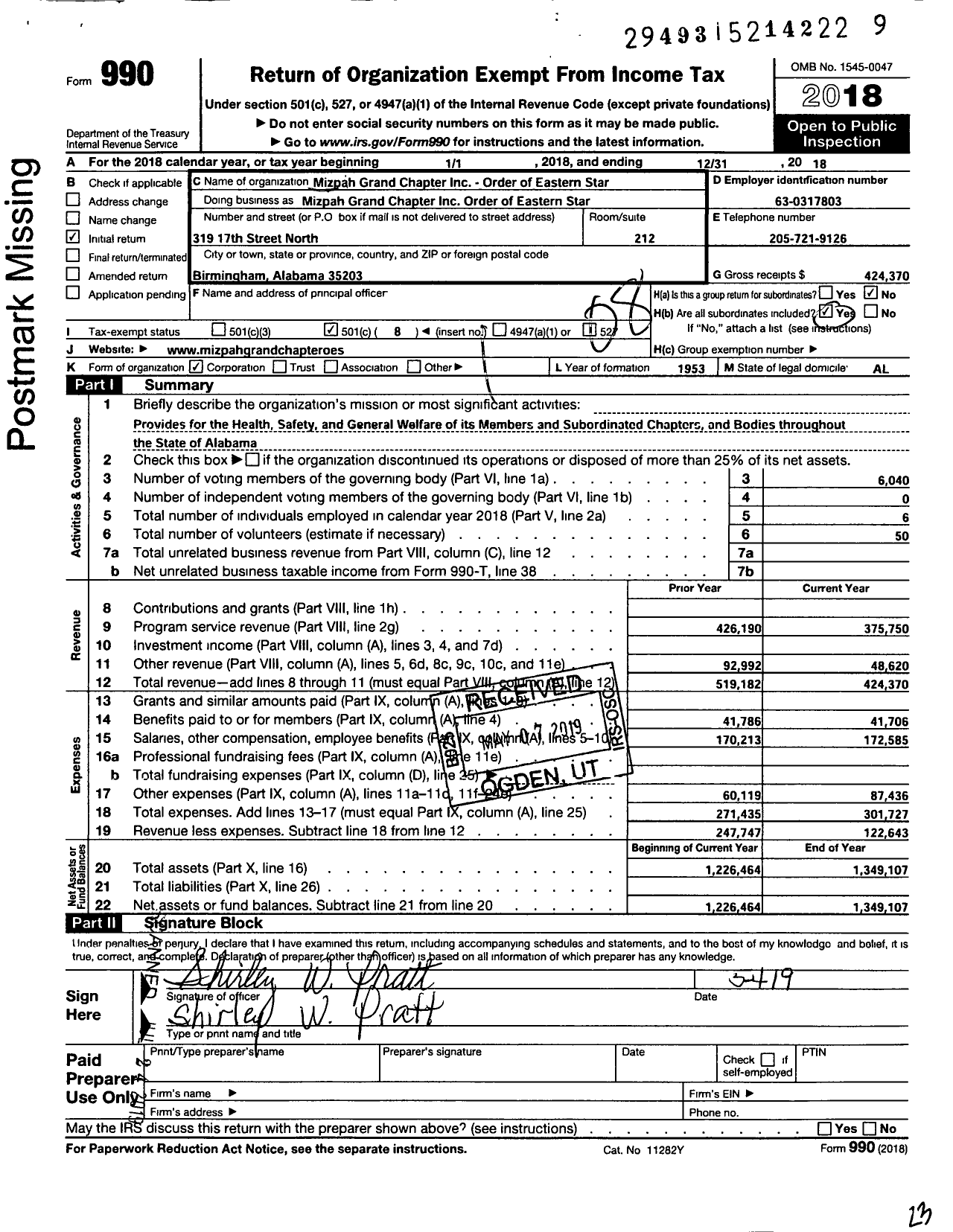 Image of first page of 2018 Form 990O for Mizpah Grand Chapter