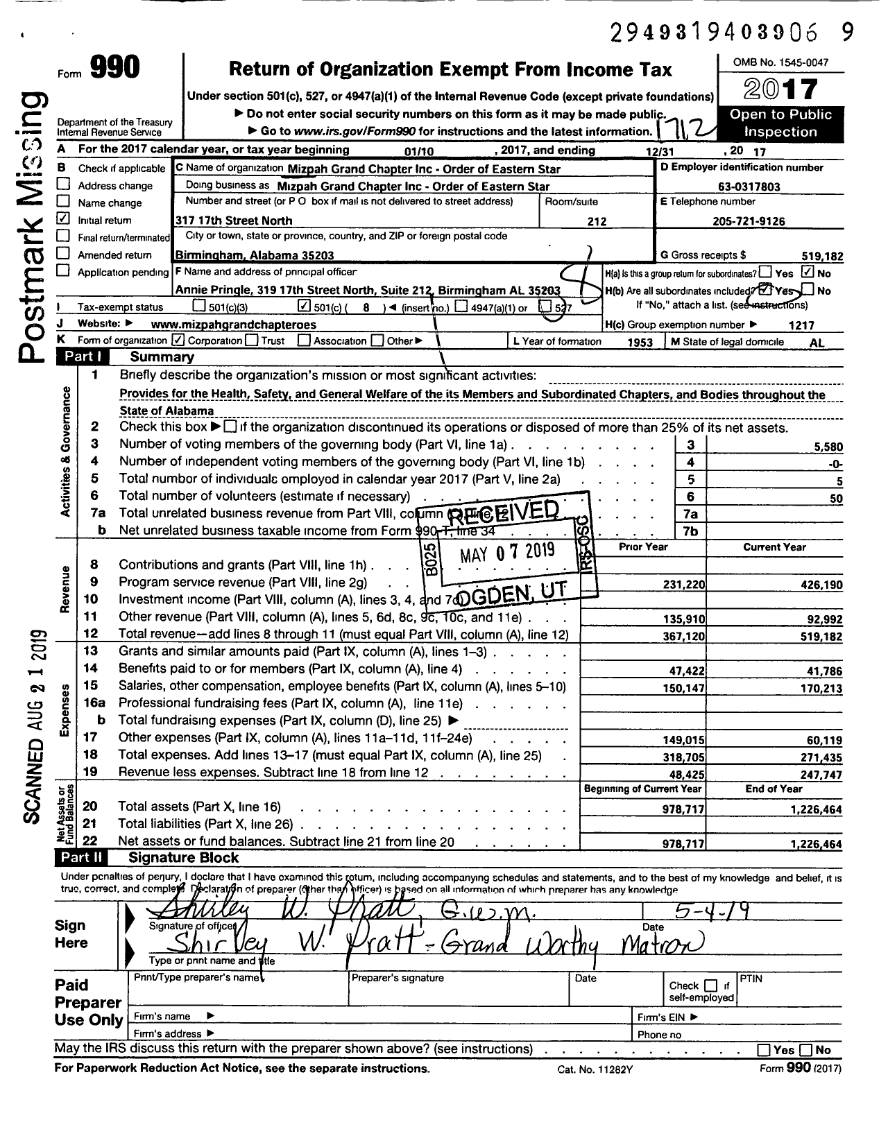 Image of first page of 2017 Form 990O for Mizpah Grand Chapter