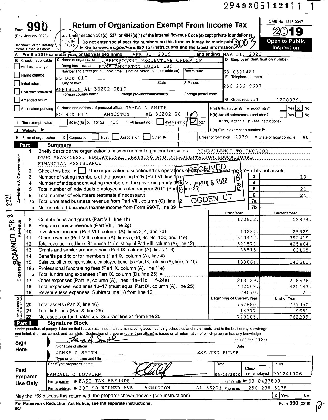 Image of first page of 2019 Form 990O for Benevolent and Protective Order of Elks - 189 Anniston