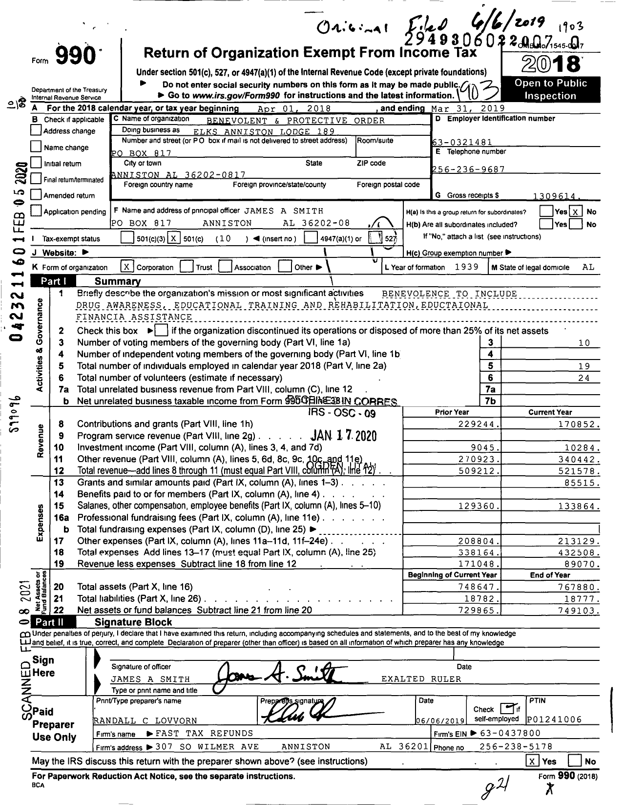 Image of first page of 2018 Form 990O for Benevolent and Protective Order of Elks - 189 Anniston