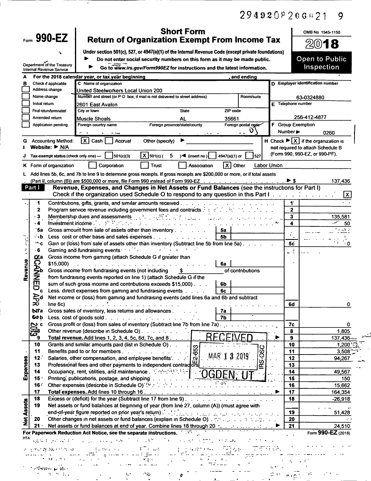 Image of first page of 2018 Form 990EO for United Steelworkers - 00200 Local