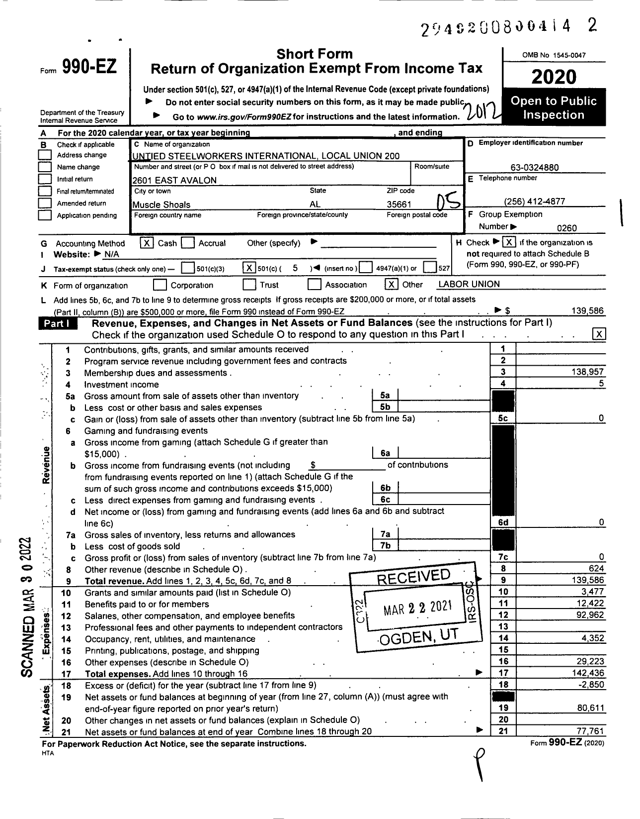 Image of first page of 2020 Form 990EO for United Steelworkers - 00200 Local