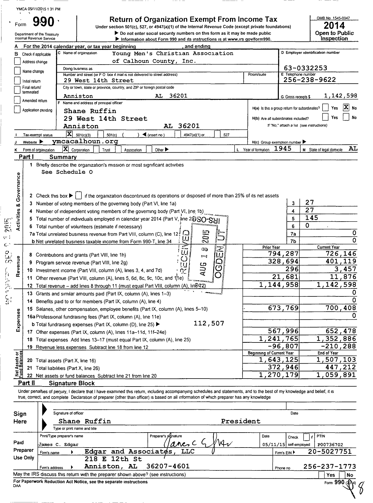 Image of first page of 2014 Form 990 for YMCA of Calhoun County