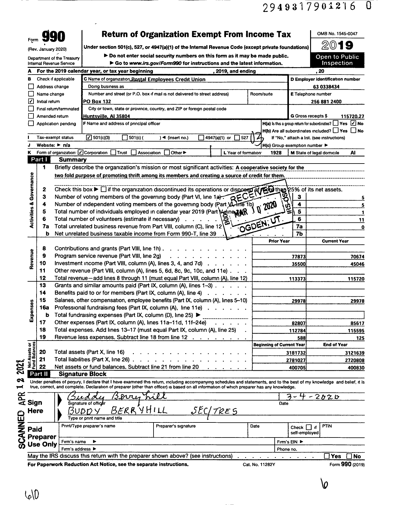 Image of first page of 2019 Form 990 for Postal Employees Credit Union / Postal Emp Cred Union