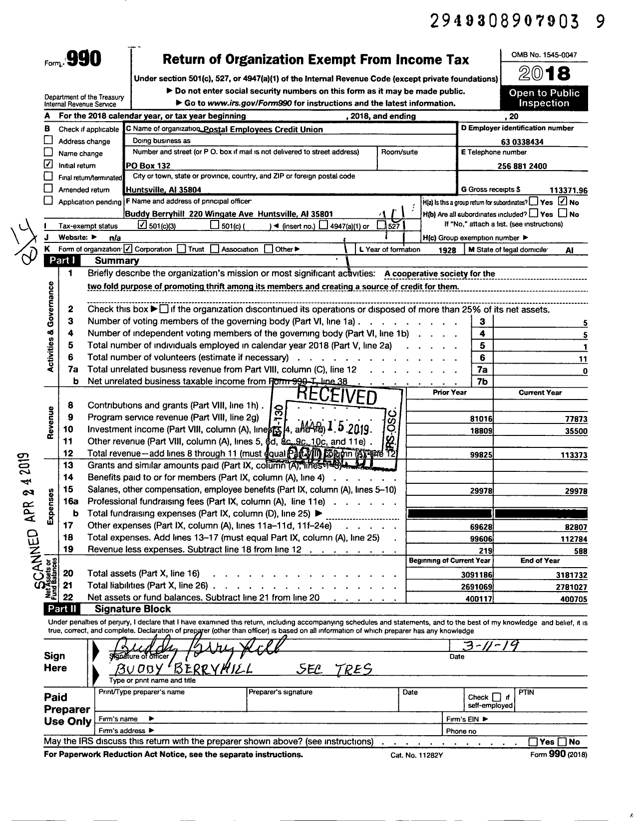 Image of first page of 2018 Form 990O for Postal Employees Credit Union / Postal Emp Cred Union