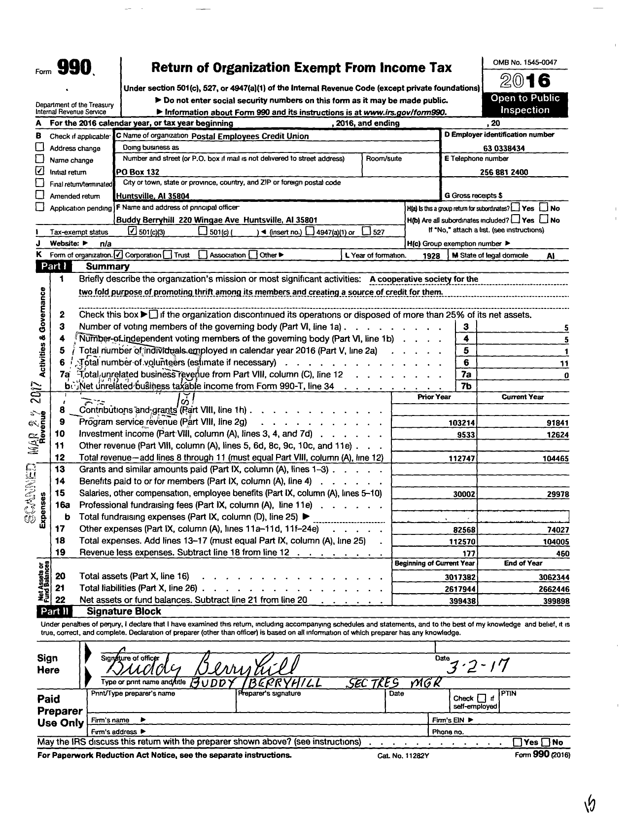 Image of first page of 2016 Form 990 for Postal Employees Credit Union / Postal Emp Cred Union