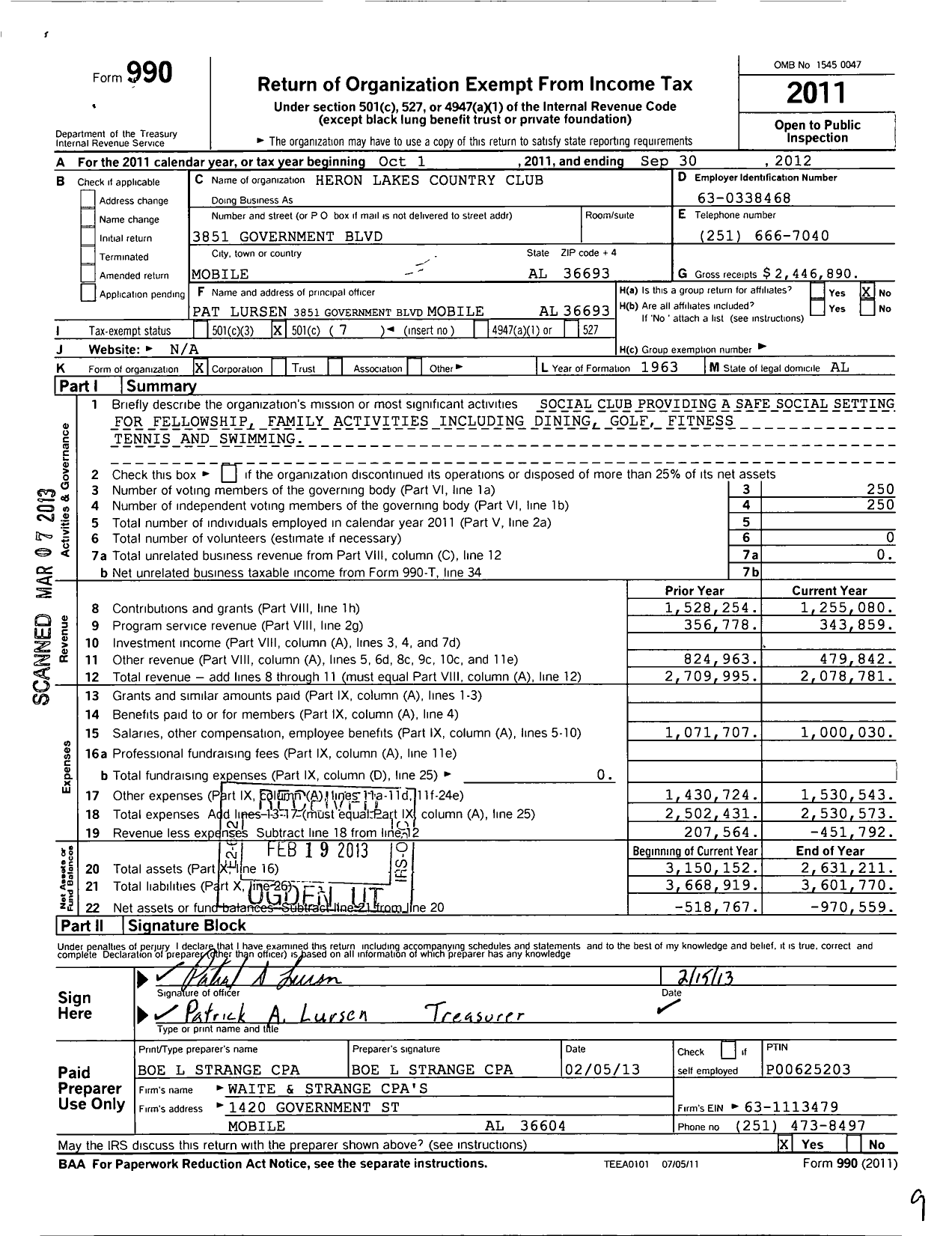 Image of first page of 2011 Form 990O for Heron Lakes Country Club