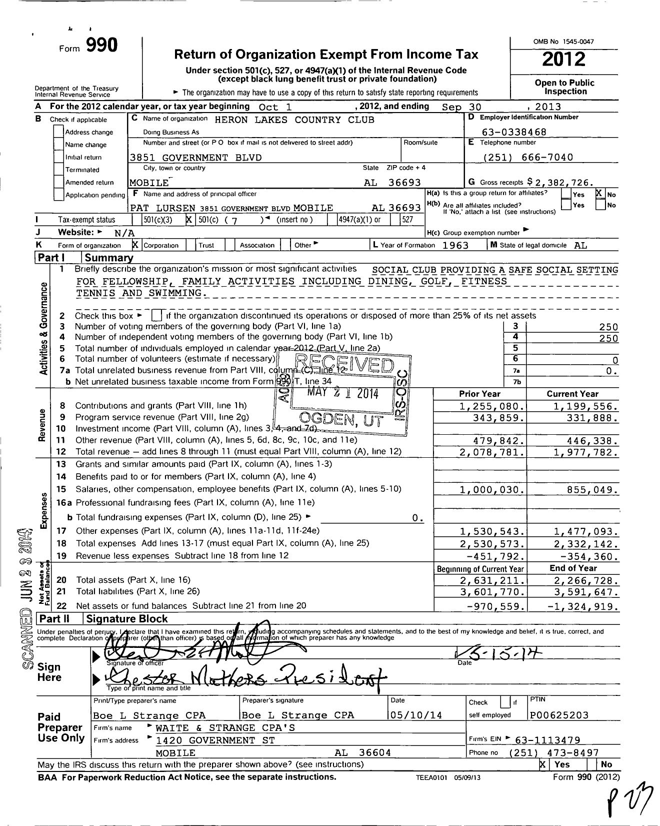 Image of first page of 2012 Form 990O for Heron Lakes Country Club