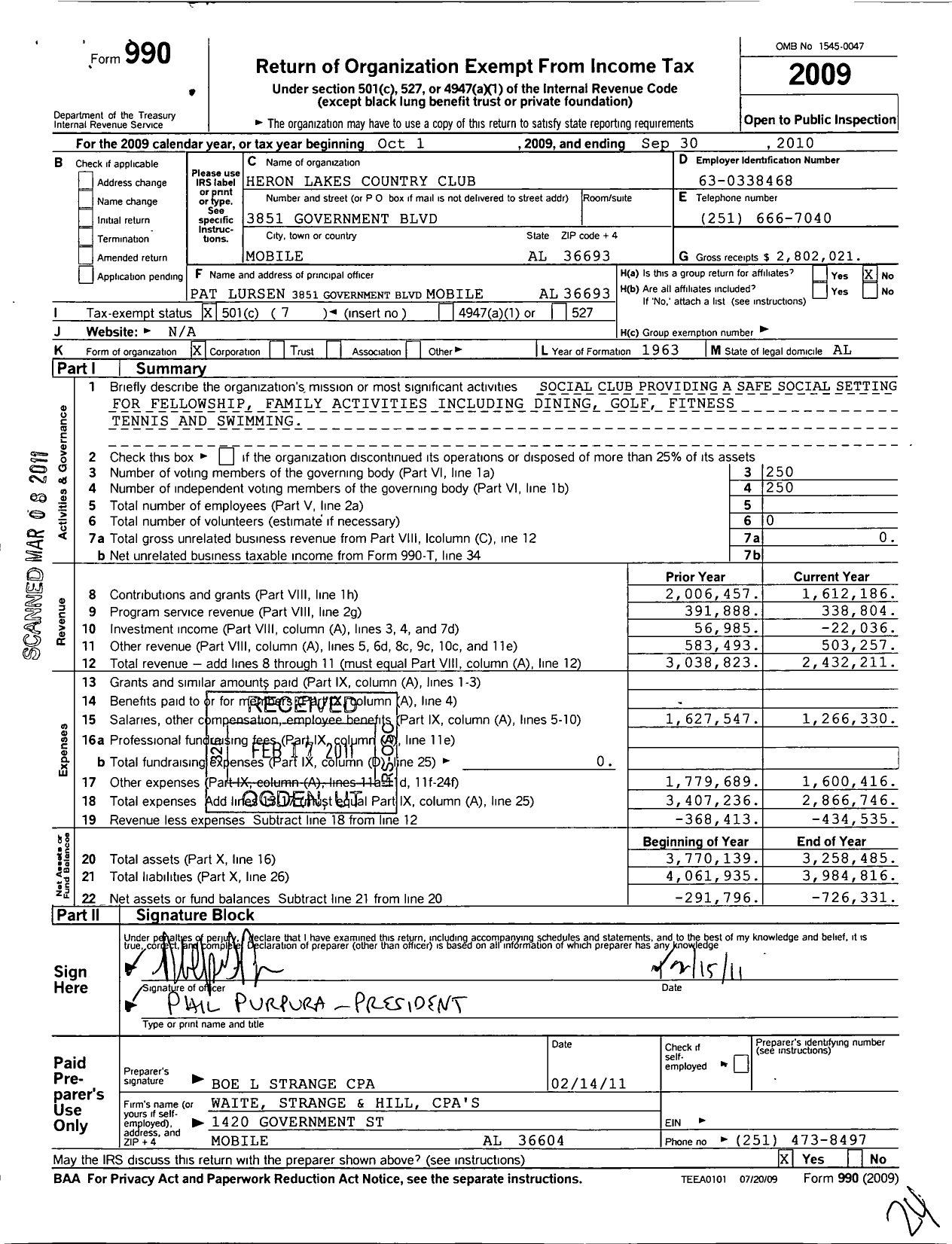 Image of first page of 2009 Form 990O for Heron Lakes Country Club