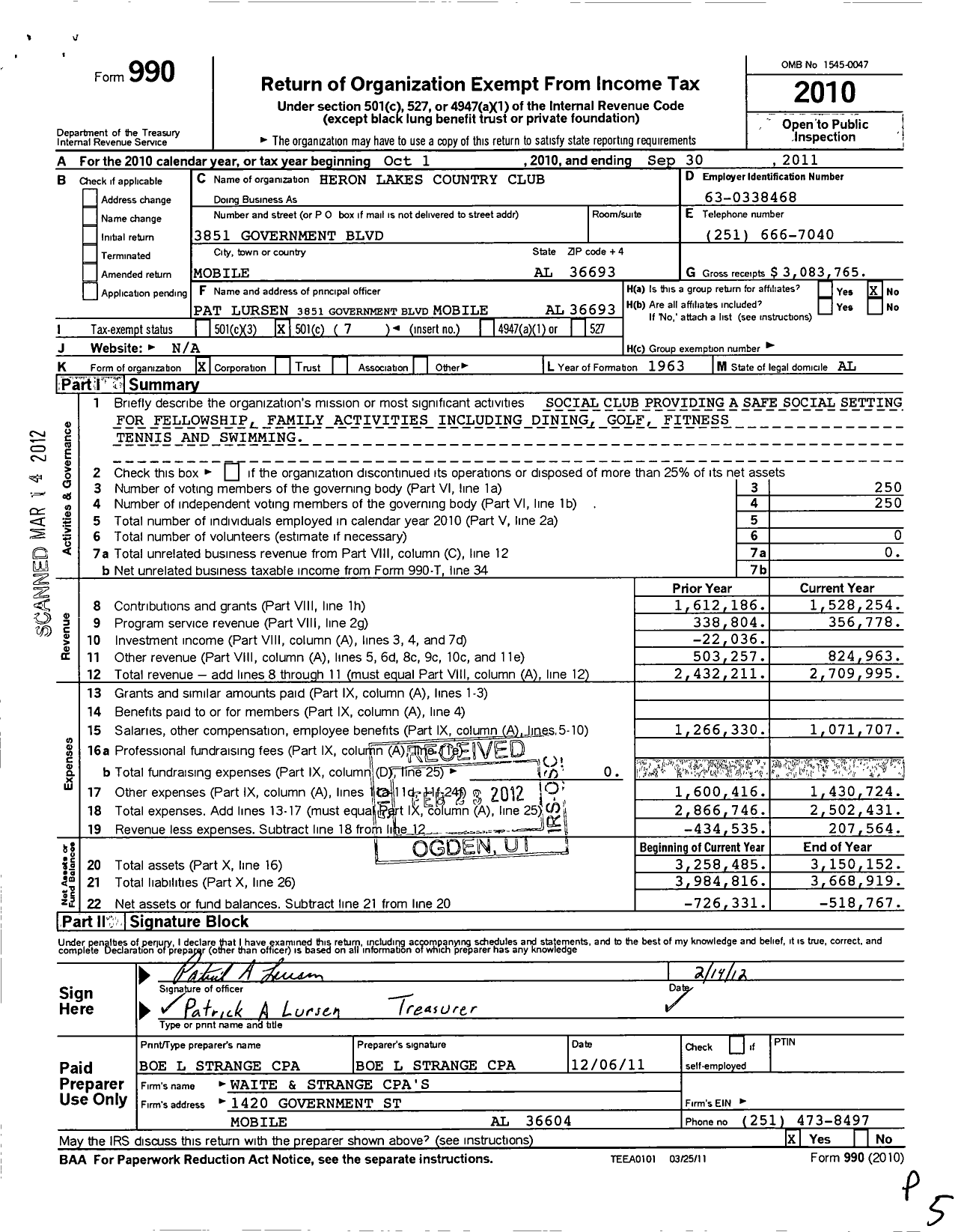 Image of first page of 2010 Form 990O for Heron Lakes Country Club
