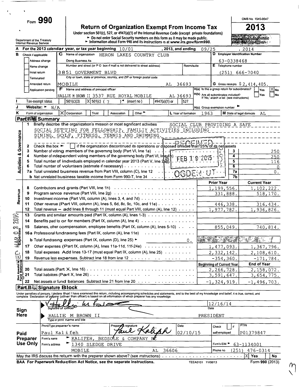Image of first page of 2013 Form 990O for Heron Lakes Country Club