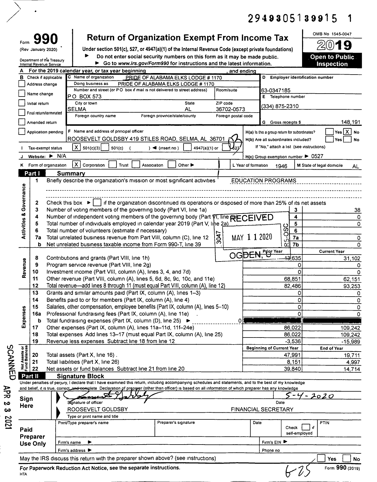 Image of first page of 2019 Form 990 for Pride of Alabama Elks Lodge 1170