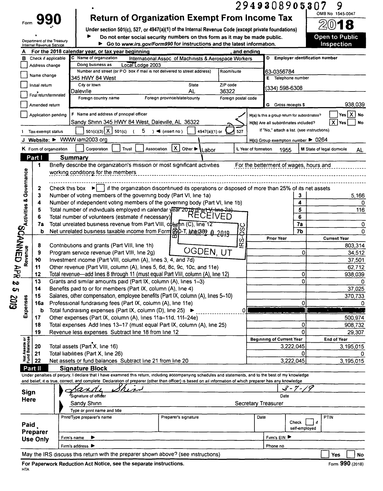 Image of first page of 2018 Form 990O for International Association of Machinists and Aerospace Workers - Iam and Aw Local Lodge 2003