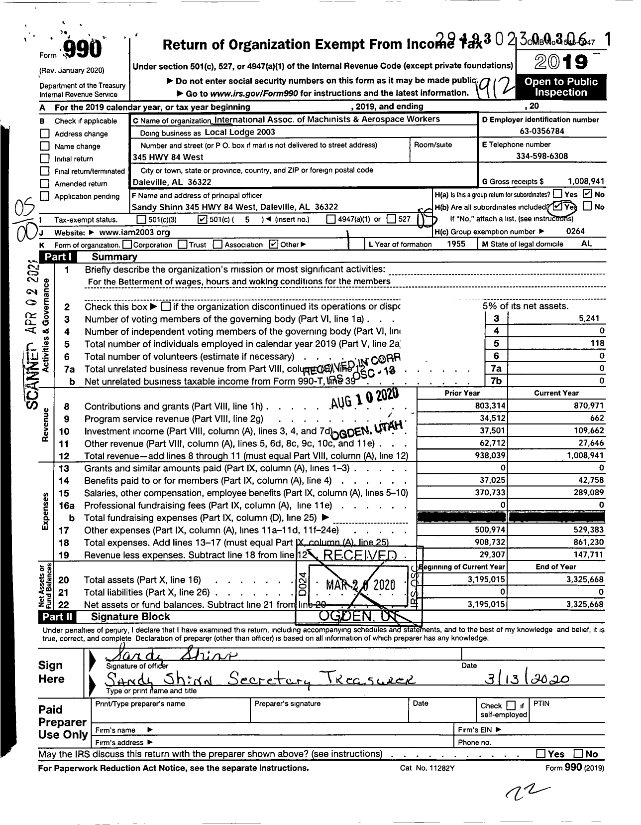 Image of first page of 2019 Form 990O for International Association of Machinists and Aerospace Workers - Iam and Aw Local Lodge 2003