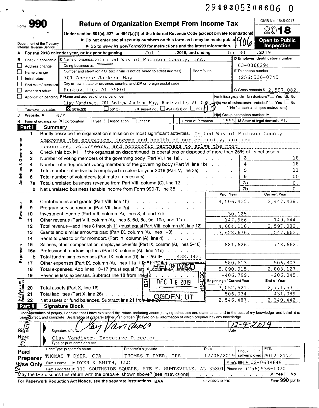 Image of first page of 2018 Form 990 for United Way of Madison County Incorporated