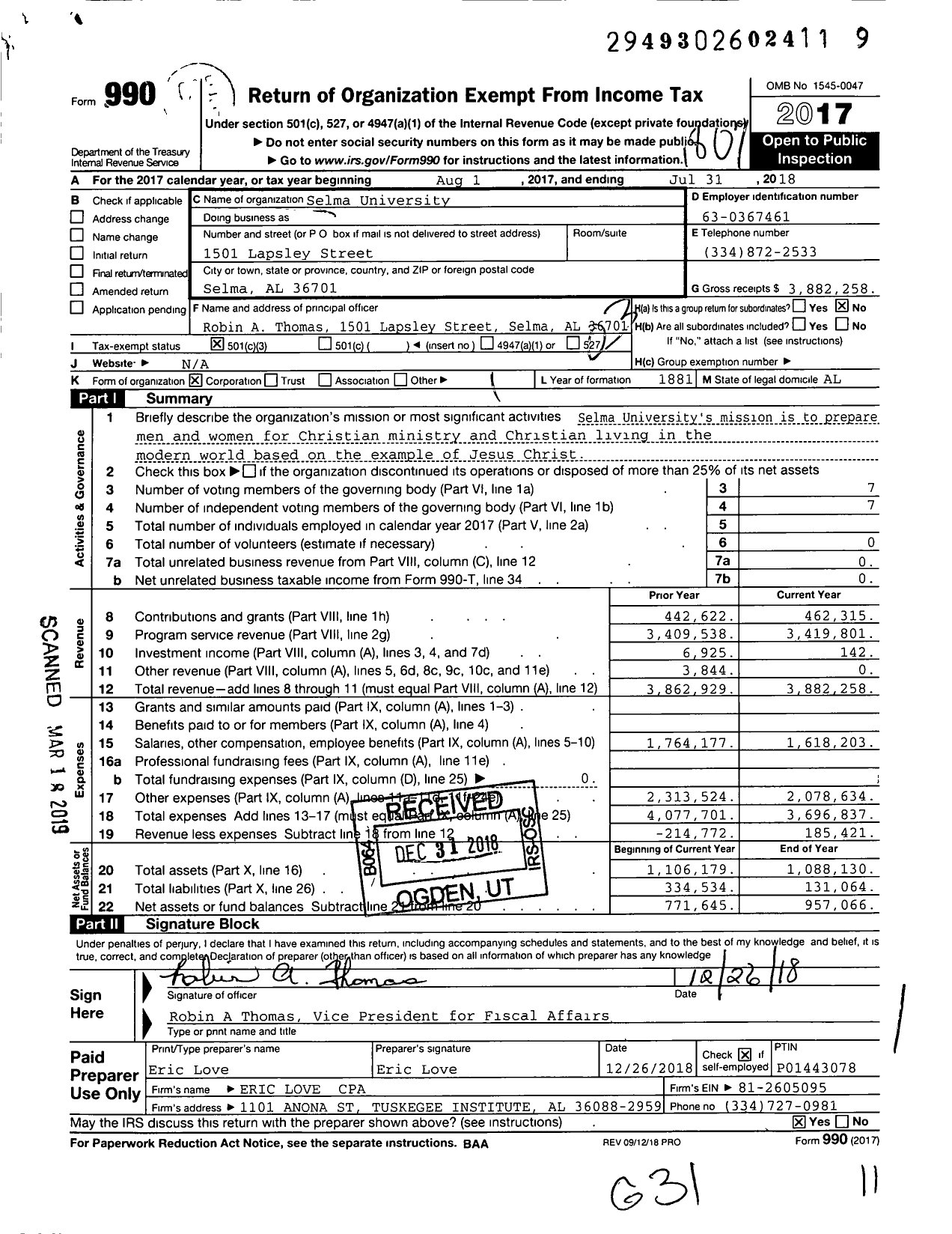 Image of first page of 2017 Form 990 for Selma University