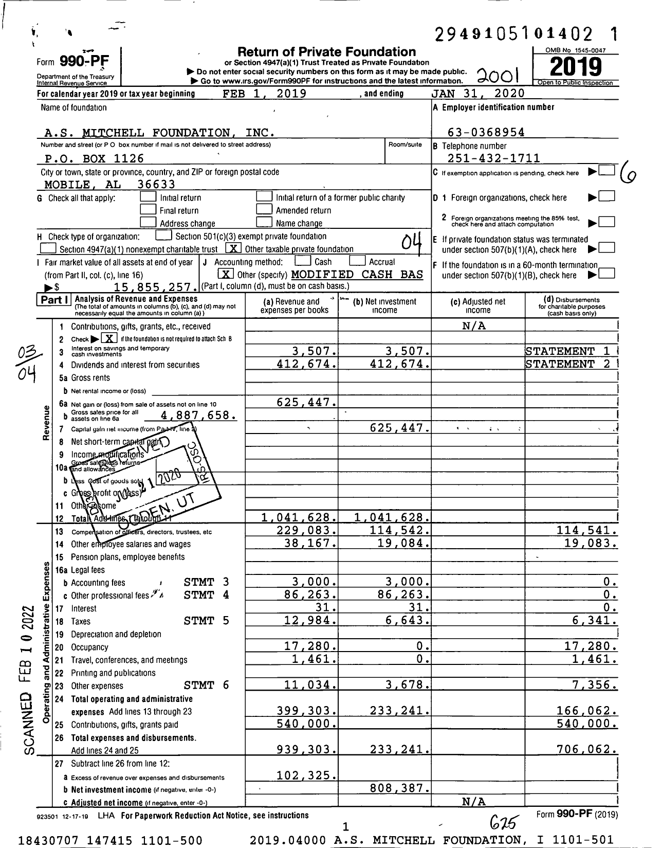 Image of first page of 2019 Form 990PF for As Mitchell Foundation