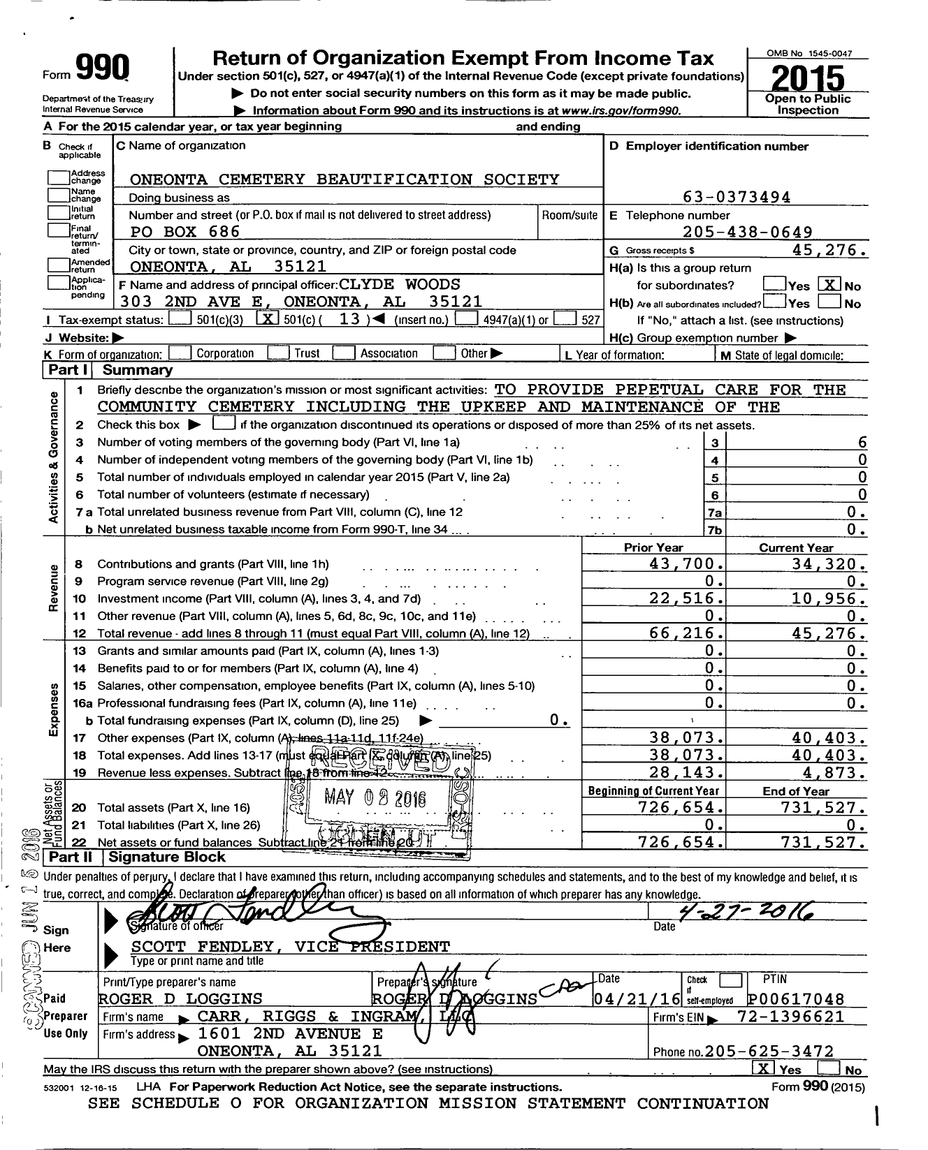 Image of first page of 2015 Form 990O for Oneonta Cemetery Beautification Society Incorporated