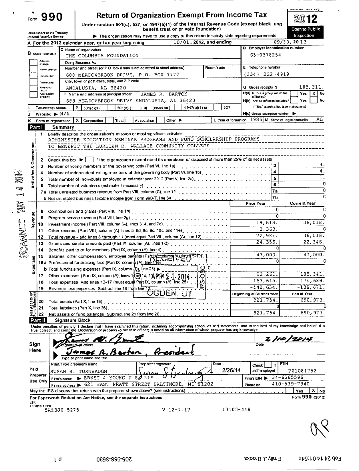 Image of first page of 2012 Form 990 for Columbia Foundation