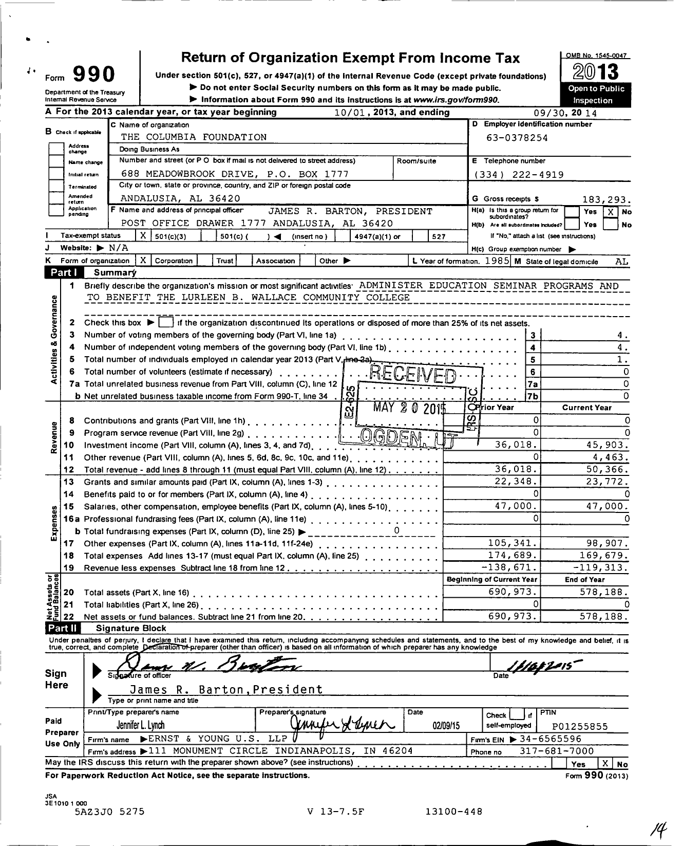 Image of first page of 2013 Form 990 for Columbia Foundation