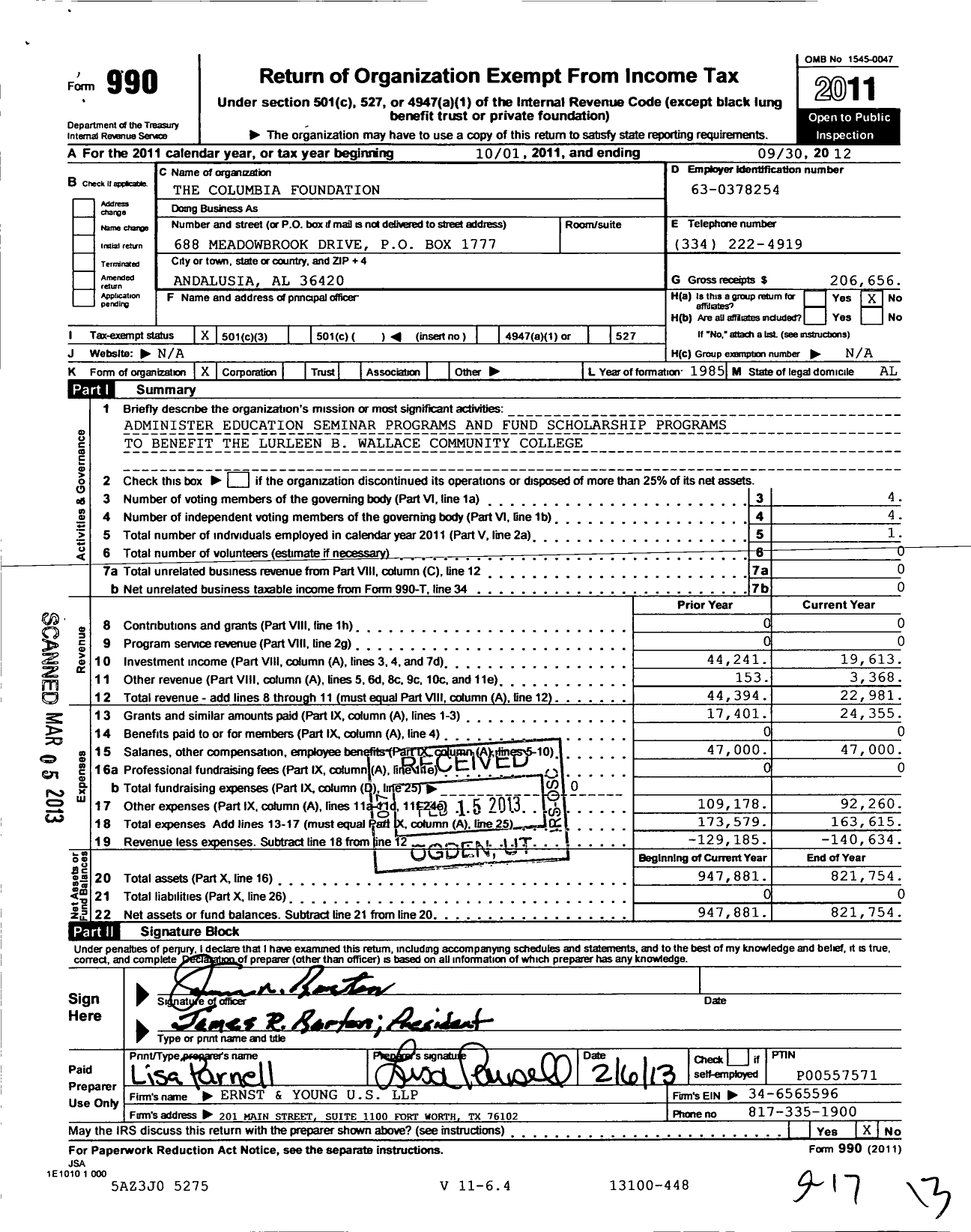 Image of first page of 2011 Form 990 for Columbia Foundation