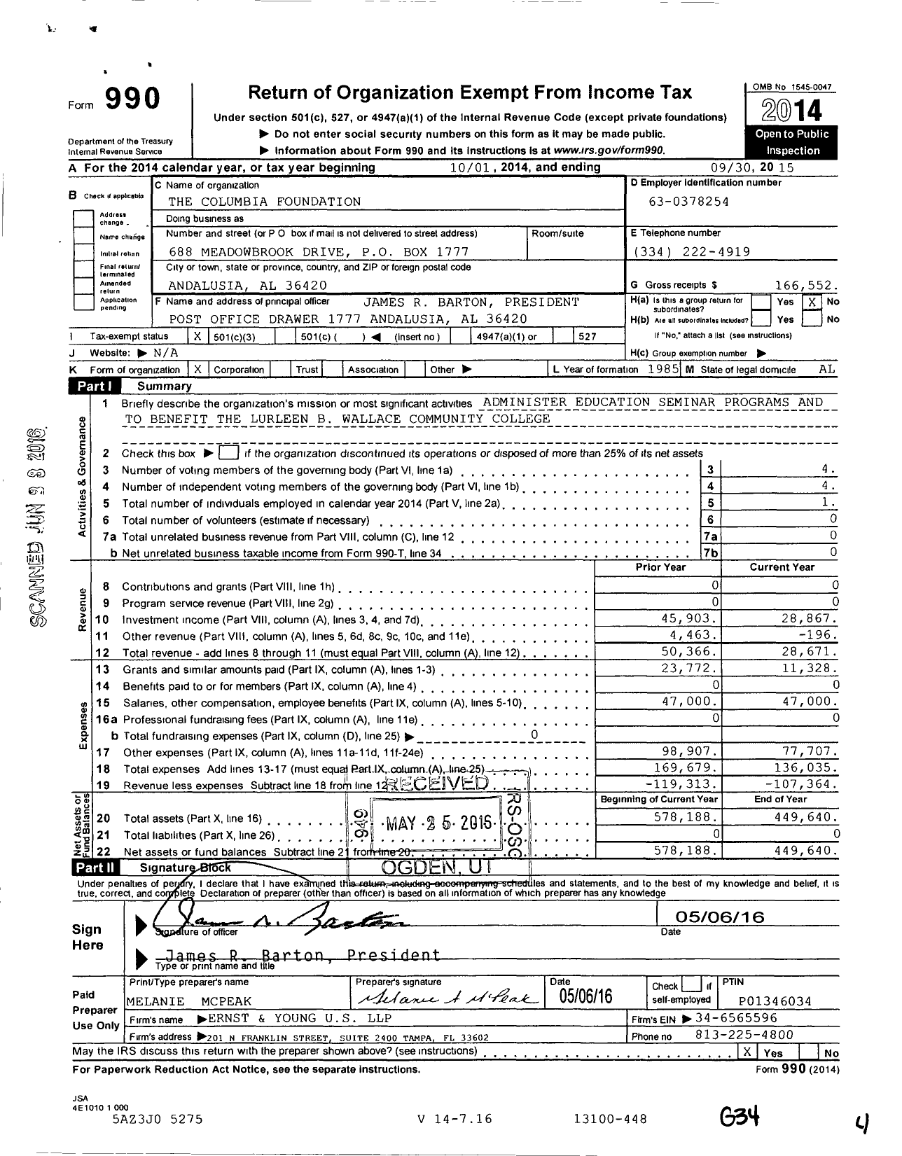 Image of first page of 2014 Form 990 for Columbia Foundation