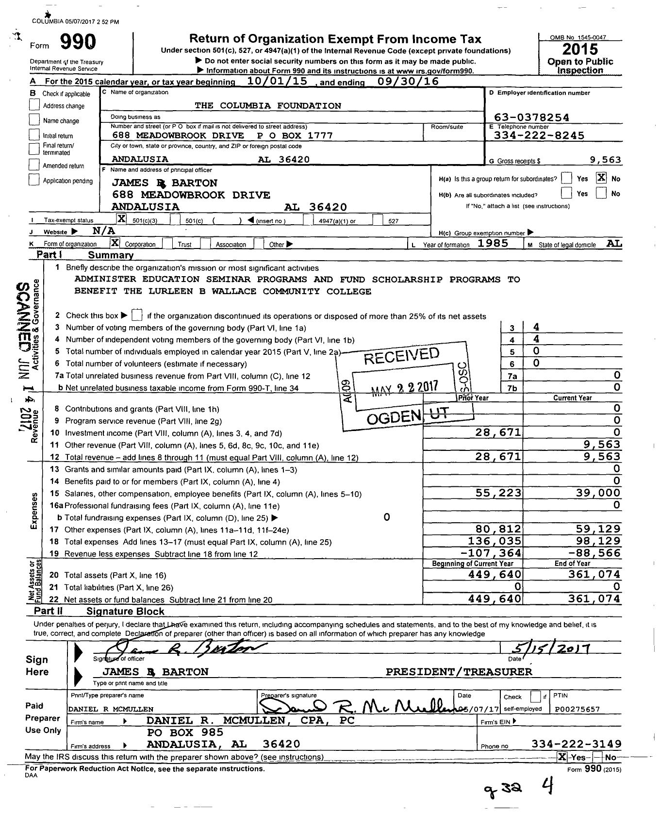 Image of first page of 2015 Form 990 for Columbia Foundation