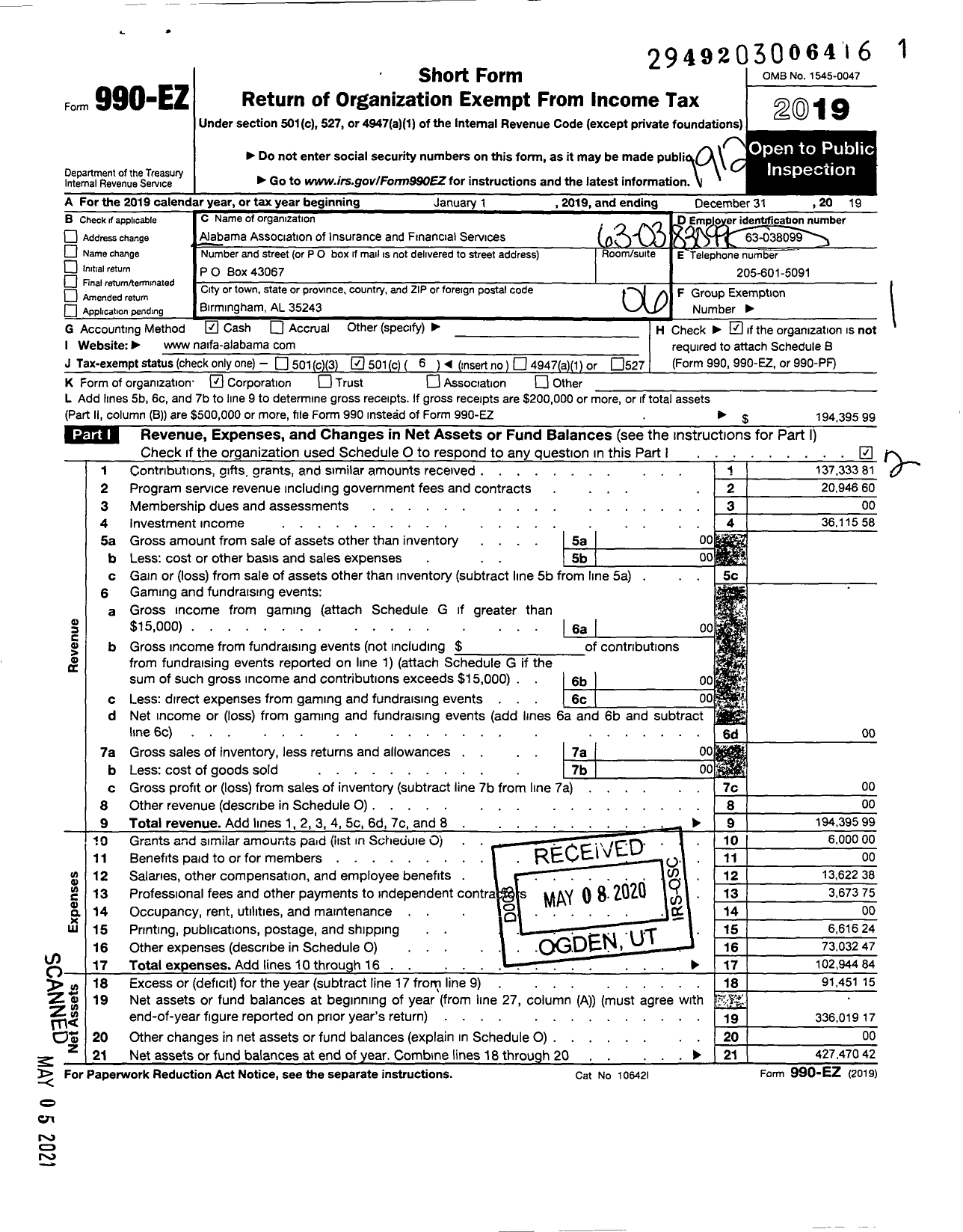 Image of first page of 2019 Form 990EO for Alabama Association of Insurance and Financial Services