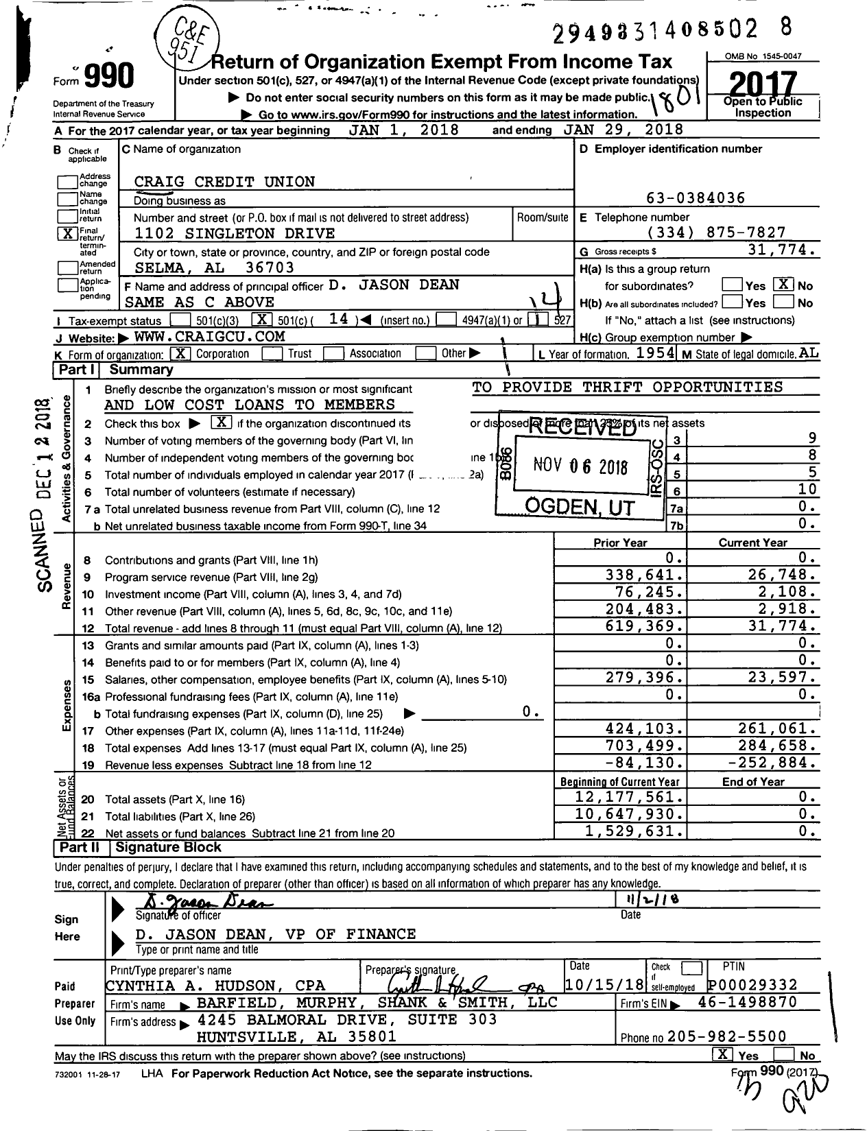 Image of first page of 2017 Form 990O for Craig Credit Union