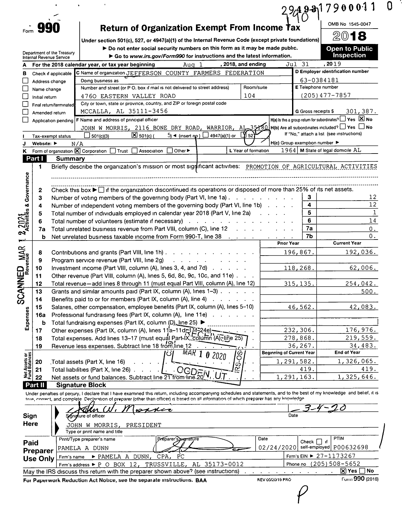 Image of first page of 2018 Form 990O for Jefferson County Farmers Federation