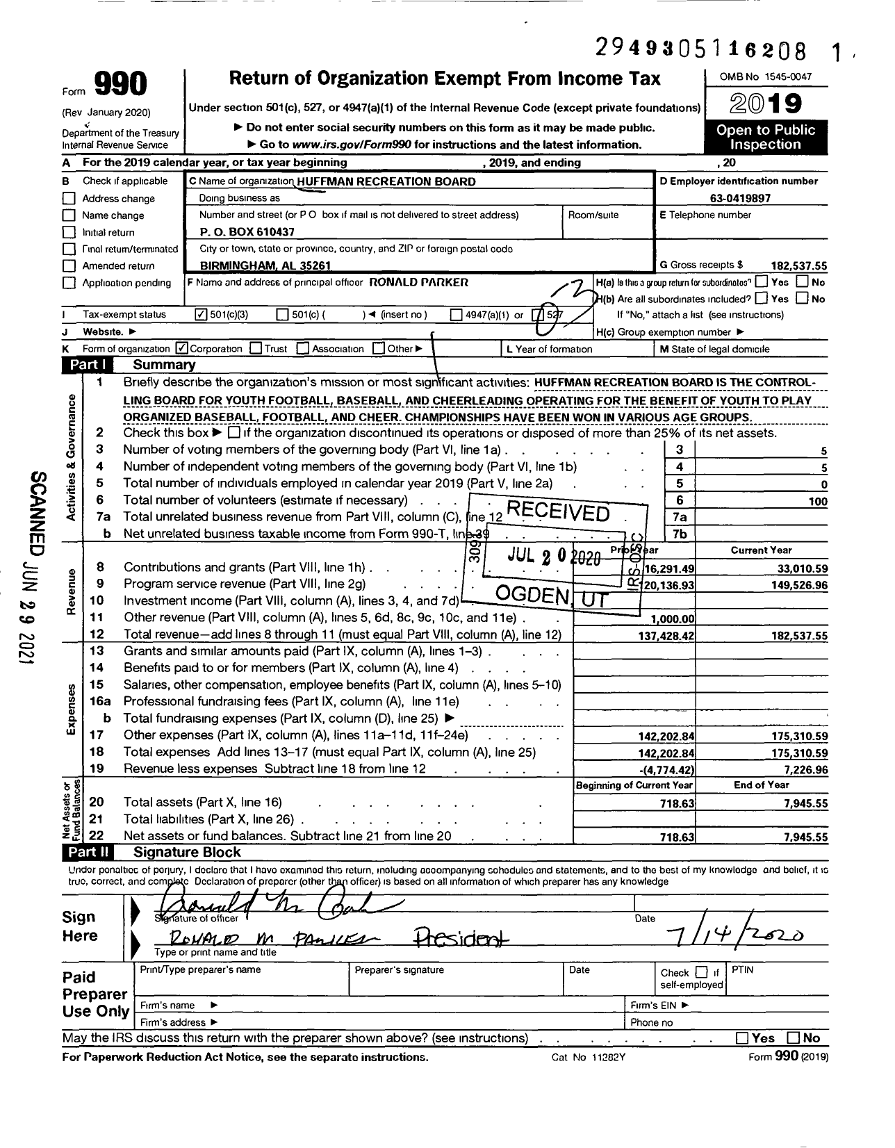 Image of first page of 2019 Form 990 for Huffman Recreation Board