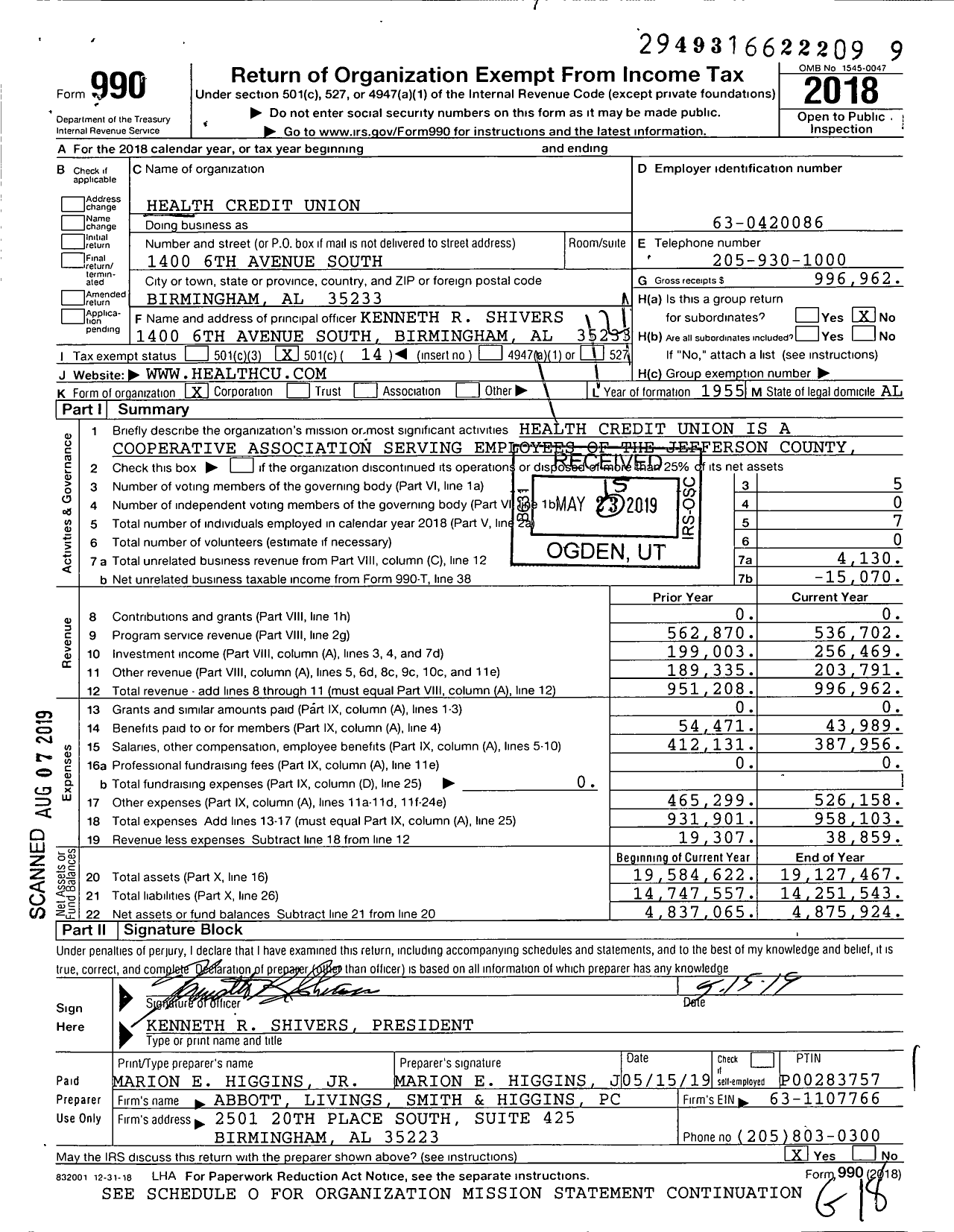 Image of first page of 2018 Form 990O for Health Credit Union