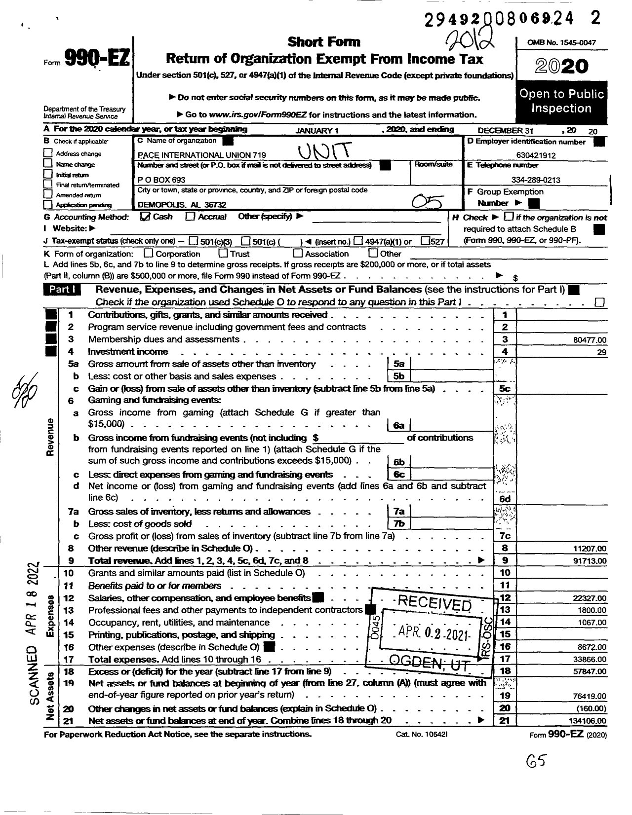 Image of first page of 2020 Form 990EO for United Steelworkers - 9-00719 Local