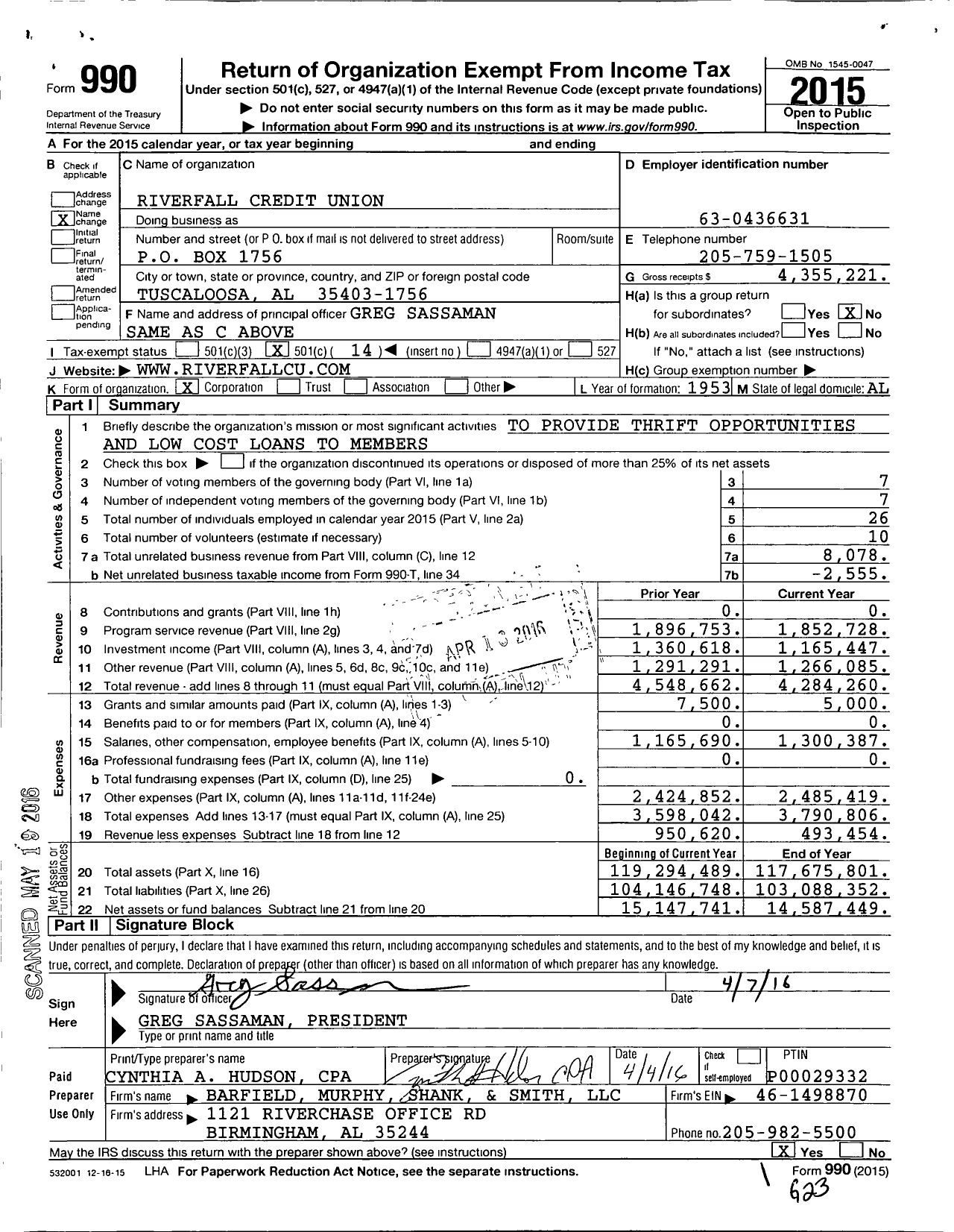 Image of first page of 2015 Form 990O for Riverfall Credit Union