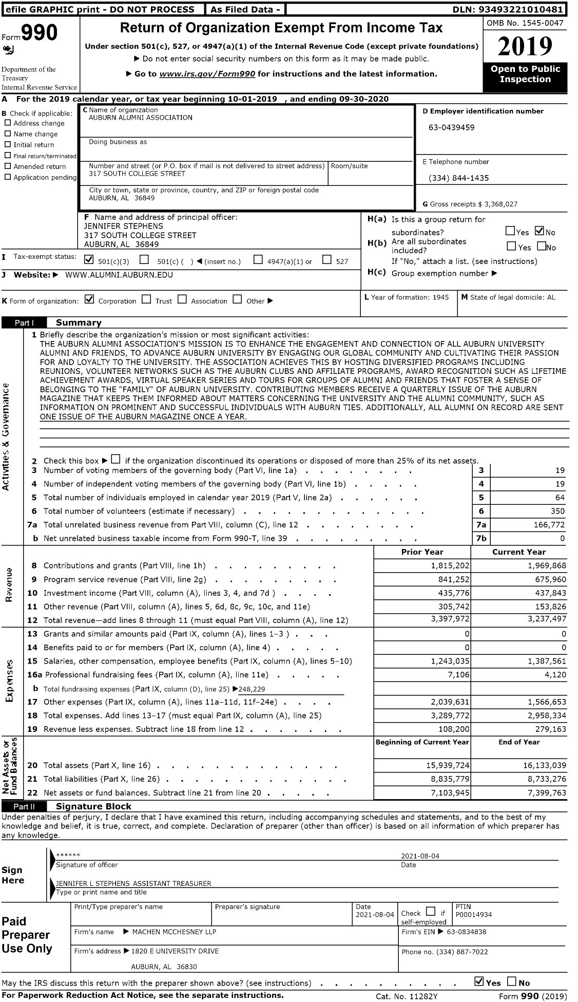 Image of first page of 2019 Form 990 for Auburn Alumni Association