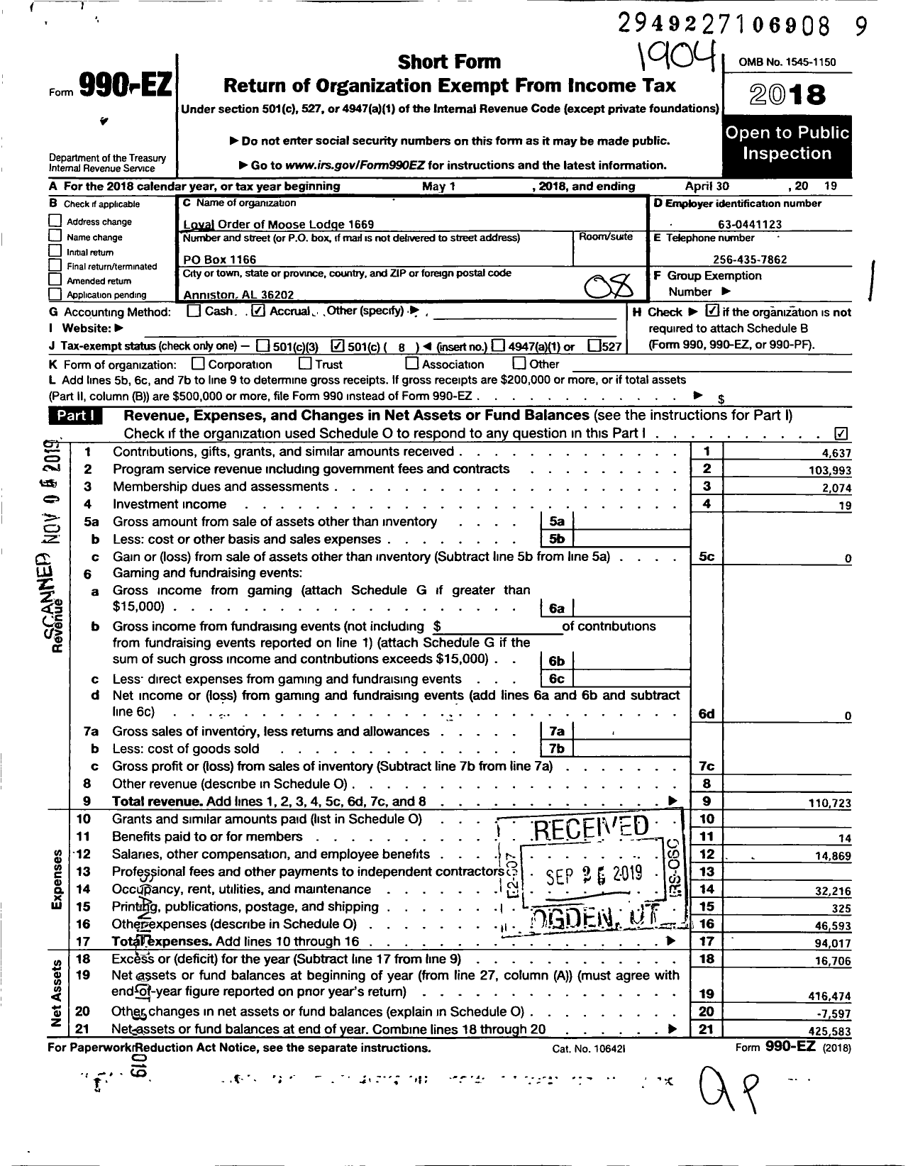 Image of first page of 2018 Form 990EO for Loyal Order of Moose - 1669