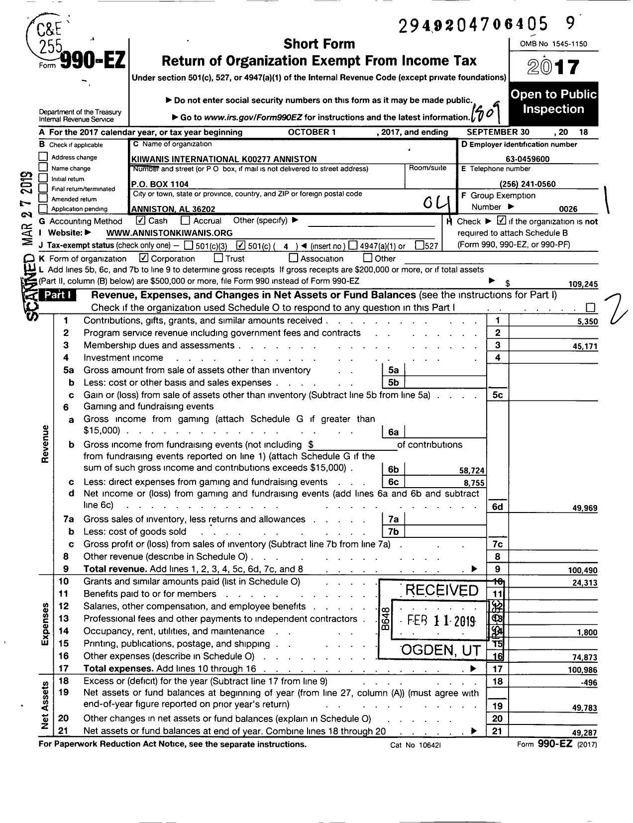 Image of first page of 2017 Form 990EO for Kiwanis International - K00277 Anniston